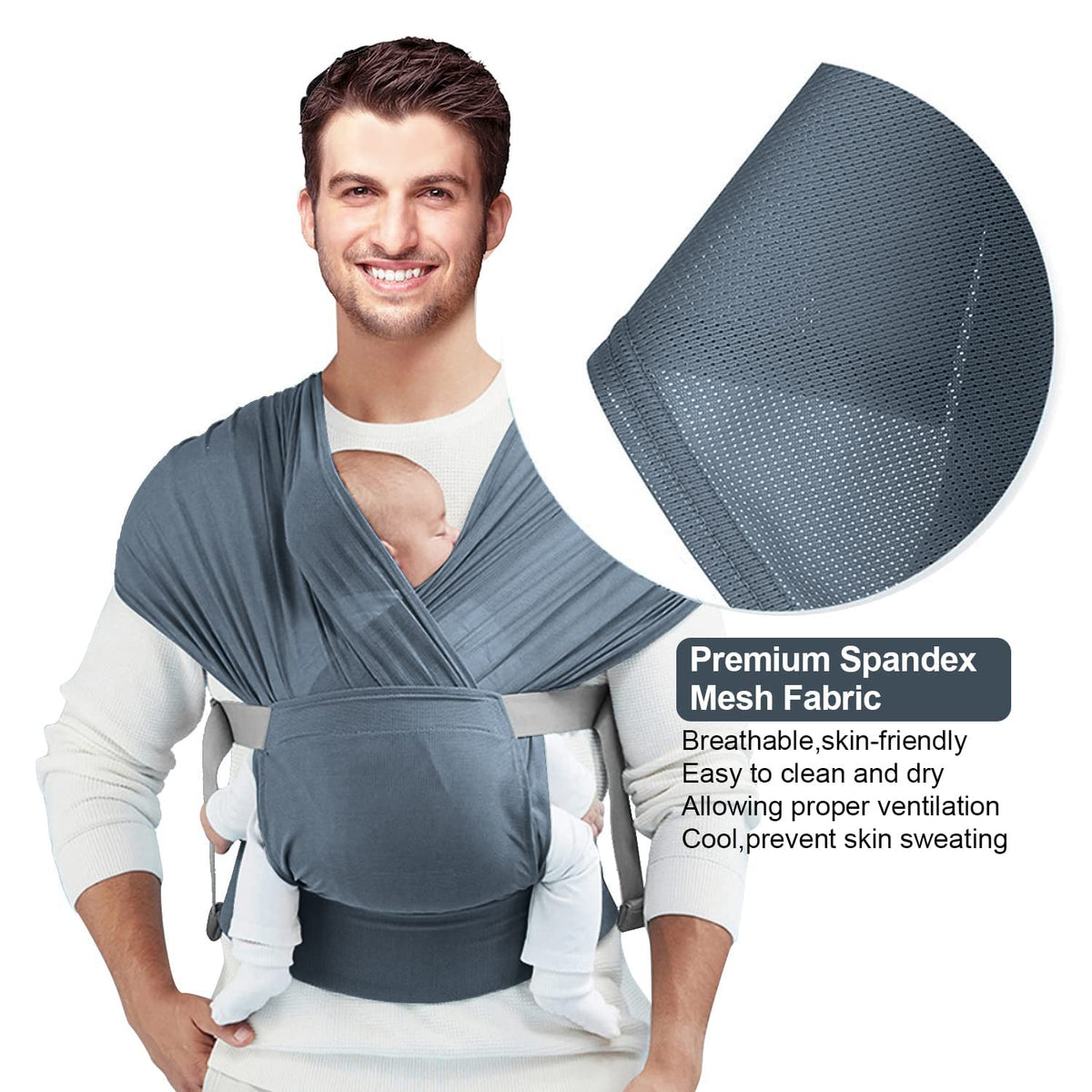 KASTWAVE Adjustable Baby Wrap Carrier Sling for Newborns to Toddlers, Stretchy Infant Carrier up to 35 lbs, Ideal for Comfort & Support (New Gray)