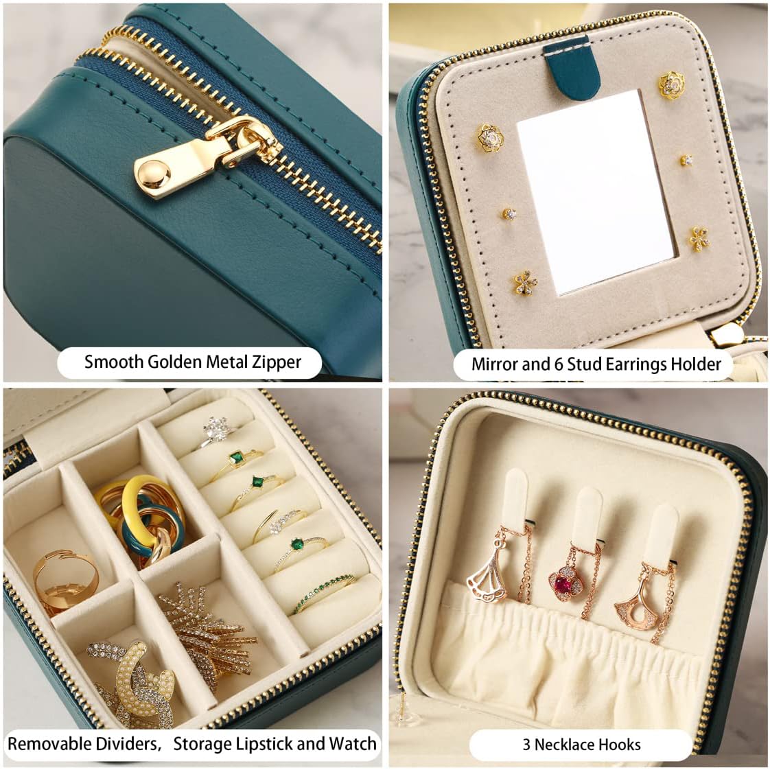 TERRIFI Small Travel Jewelry Box Organizer, Travel Jewelry Case with Mirror, for Rings, Earrings, Pendants, Watches, Necklaces, Lipsticks Organizer Storage Holder Case (Deep Green)