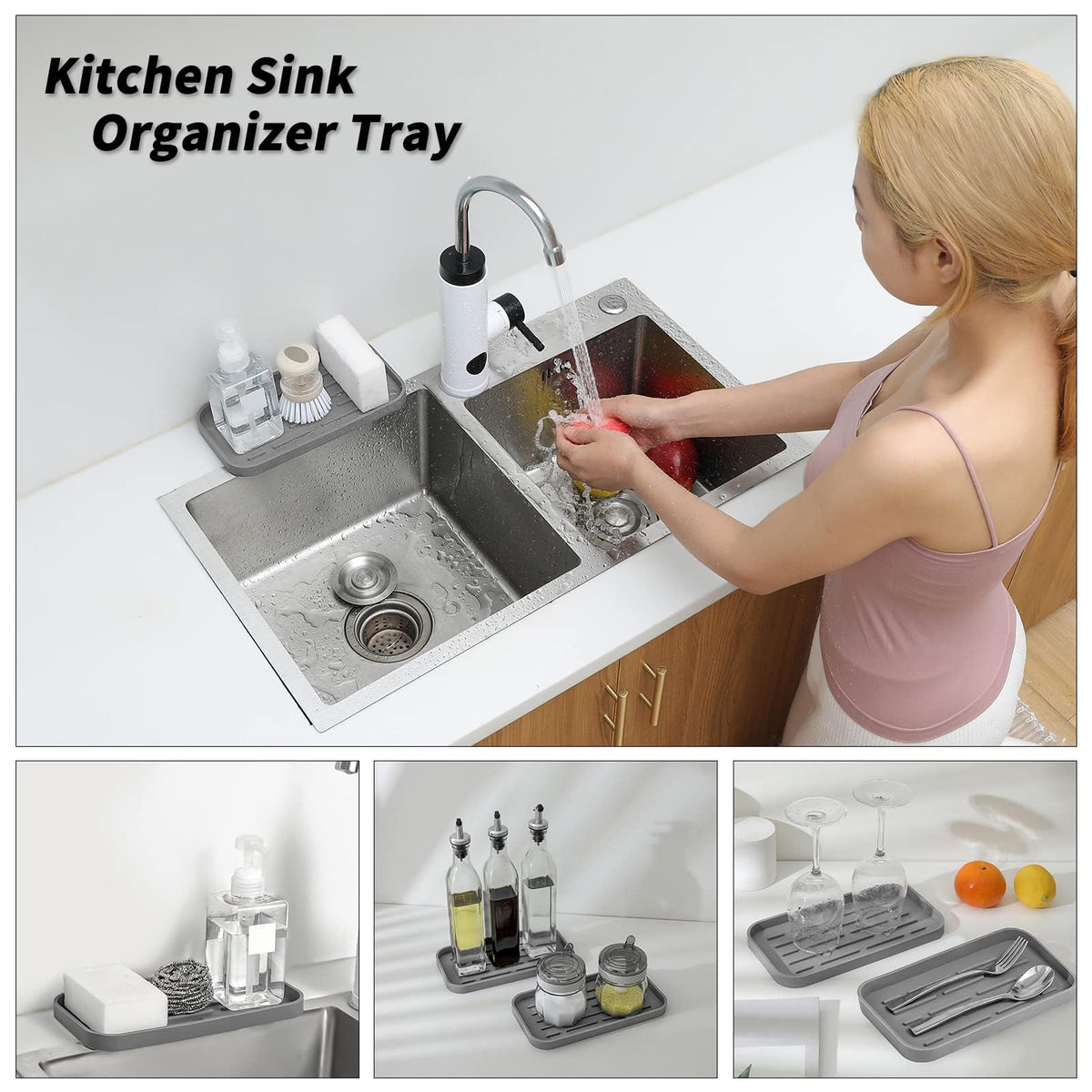 Terrifi Silicone Kitchen Sink Organizer Tray, Eco-Friendly Sponges Holder For Bathroom Counter Or Sink, Kitchen, Bathroom, Makeup, Trinkets, Cup (Grey, 10"×5.3")