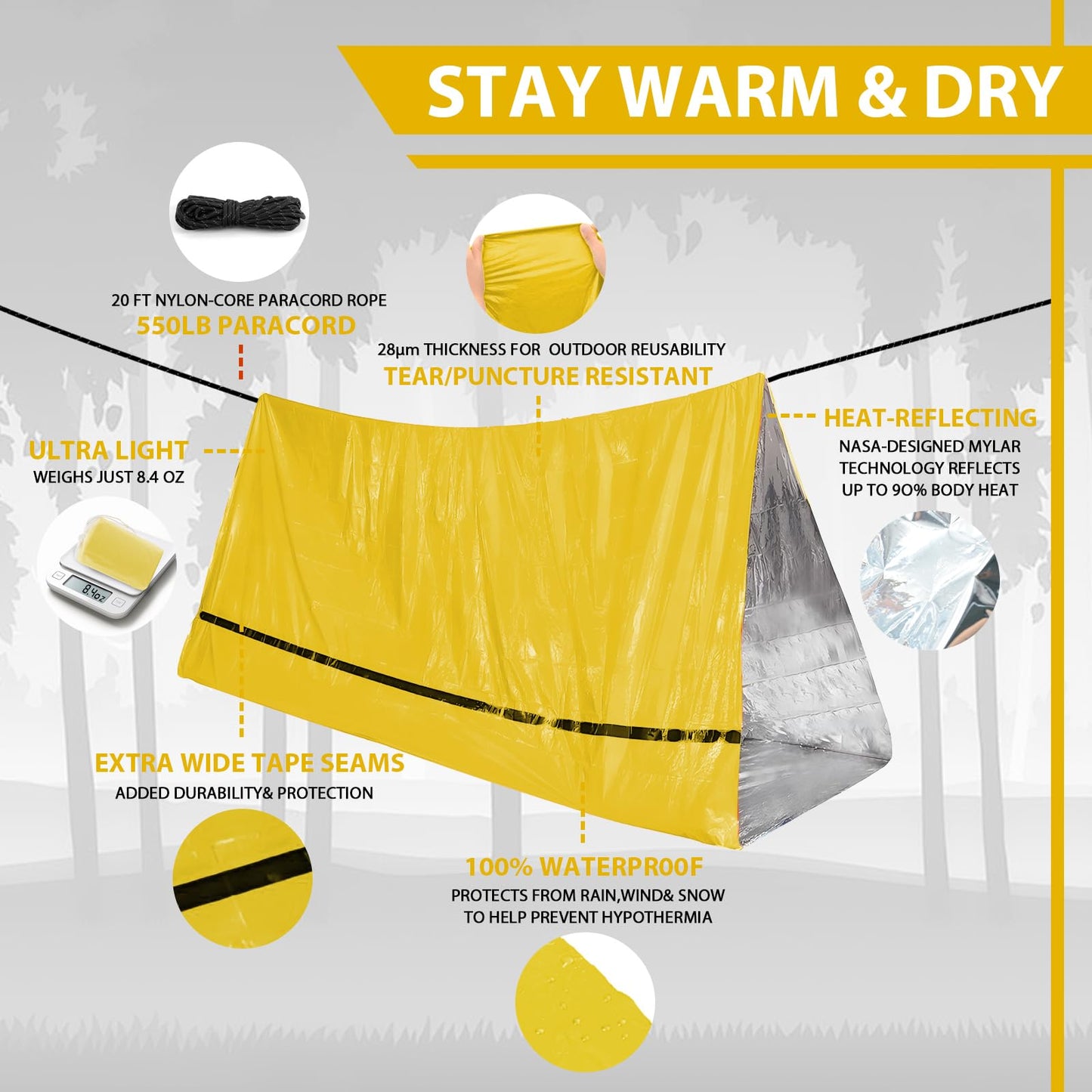 SET007 1-Pack Mylar Survival Life Tent, 2 Person Emergency Shelter Tube Tents with Paracord • 90% Heat Retention, Waterproof, All Weather Protection for Hiking, Camping & Outdoor-Yellow