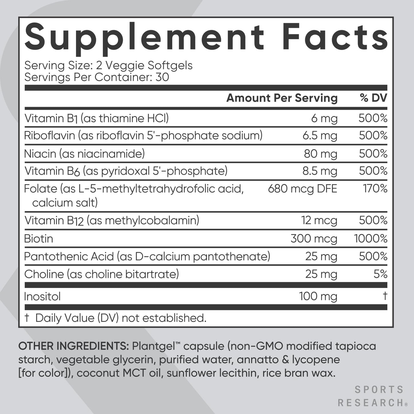 Sports Research® Vitamin B-Complex - Full Spectrum of B Vitamins with Methylated B12 & Folate - Gluten Free · Plant-Based · Non-GMO · Vegan-Friendly Formula - 60 Veggie Softgels - Medaid International