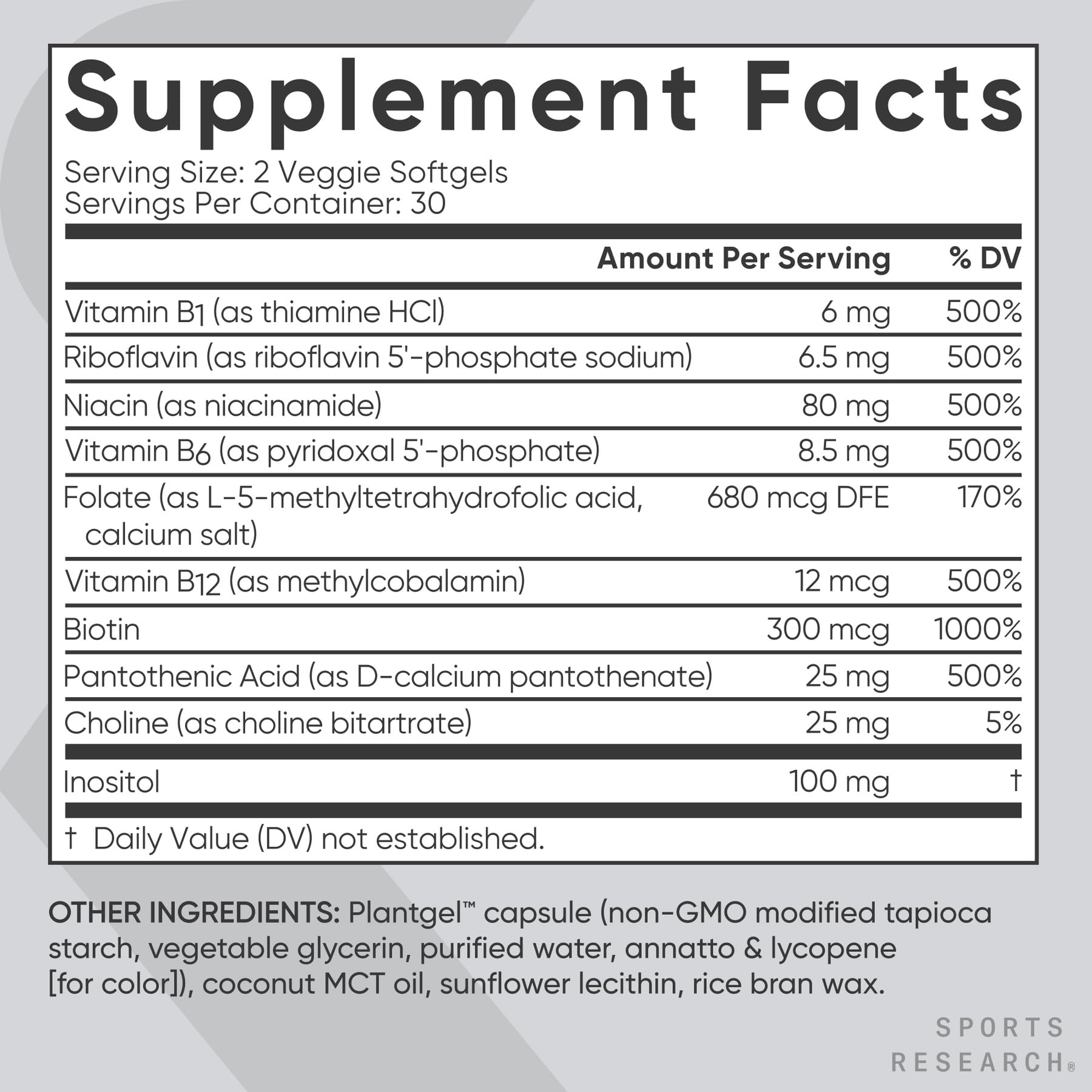 Sports Research® Vitamin B-Complex - Full Spectrum of B Vitamins with Methylated B12 & Folate - Gluten Free · Plant-Based · Non-GMO · Vegan-Friendly Formula - 60 Veggie Softgels - Medaid International