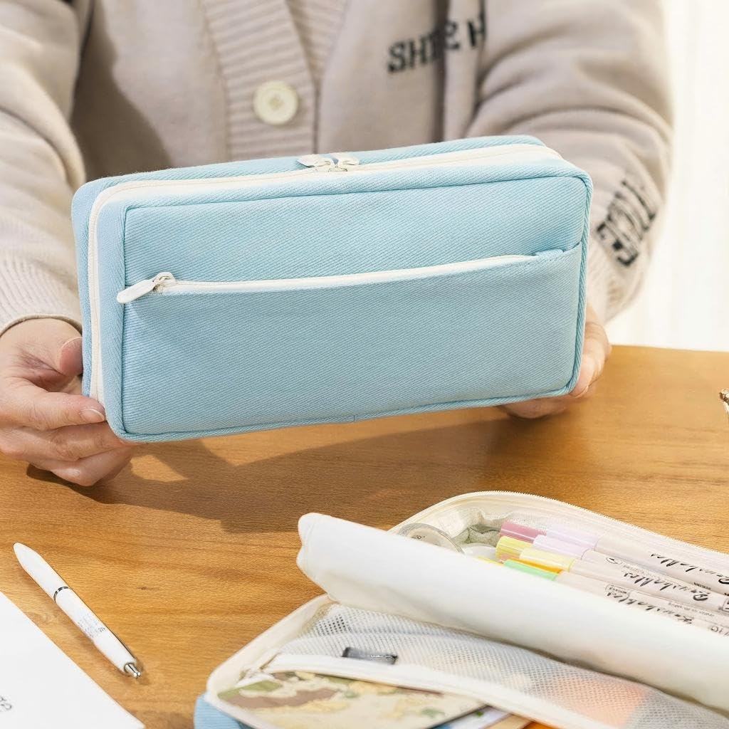 KASTWAVE Large Capacity Pencil Case, Big Capacity Pencil Pouch, Pen Marker Holder Double Zipper Storage Bag, Big Pencil Organizer for College School Office Teen Girl Boy Women Men Adult (Blue)