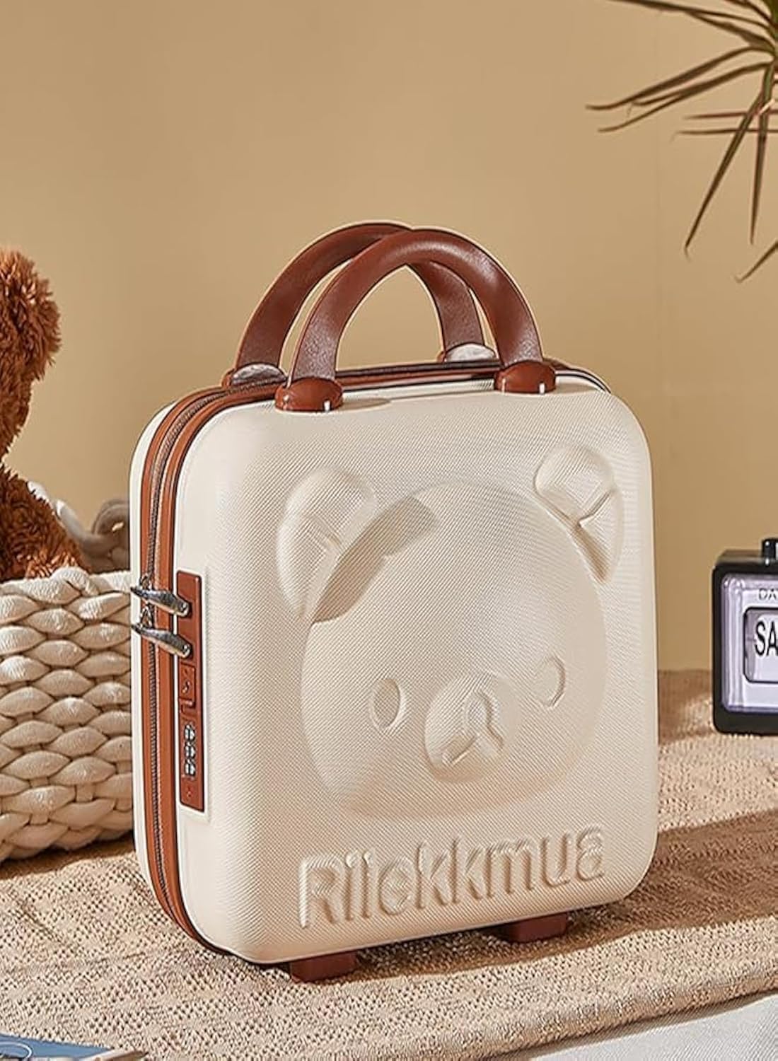 TERRIFI Cosmetic Case, Cute Bear Small Hard Shell Beauty Makeup Organizer Travel Suitcase Luggage Storage Bag (Beige, S - 14 Inch)