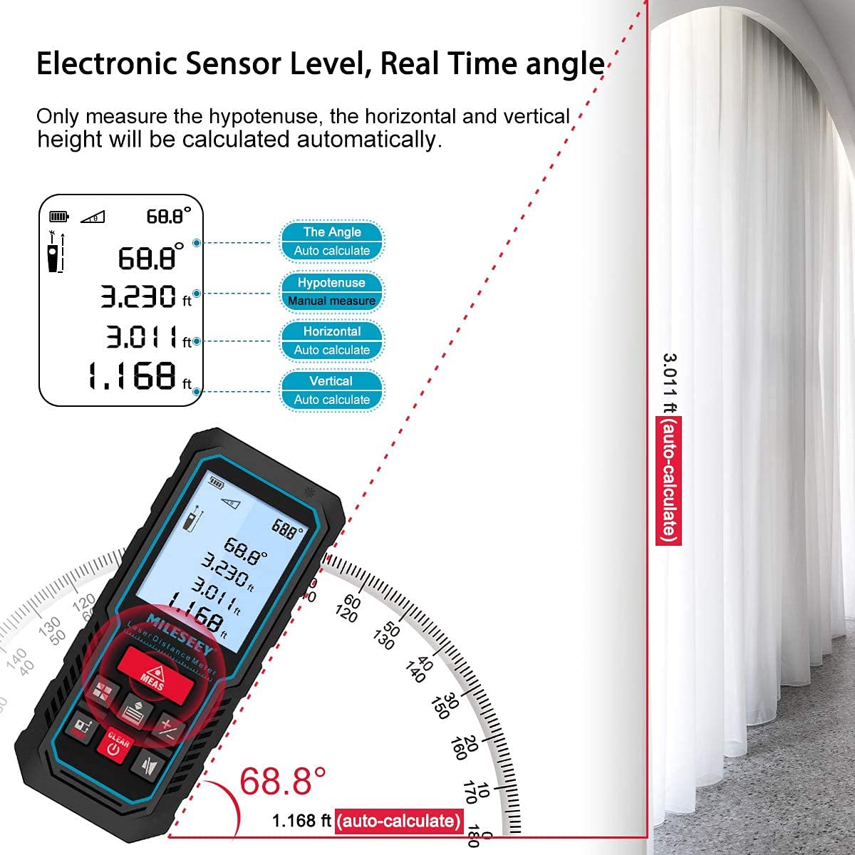 Laser Measure Device, MiLESEEY 229ft Digital Laser Tape Measure with Upgrade Electronic Angle Sensor, 2mm Accuracy, Area Measurement,Volume and Pythagoras, 2" LCD Backlit,Mute, Battery Included - Medaid International