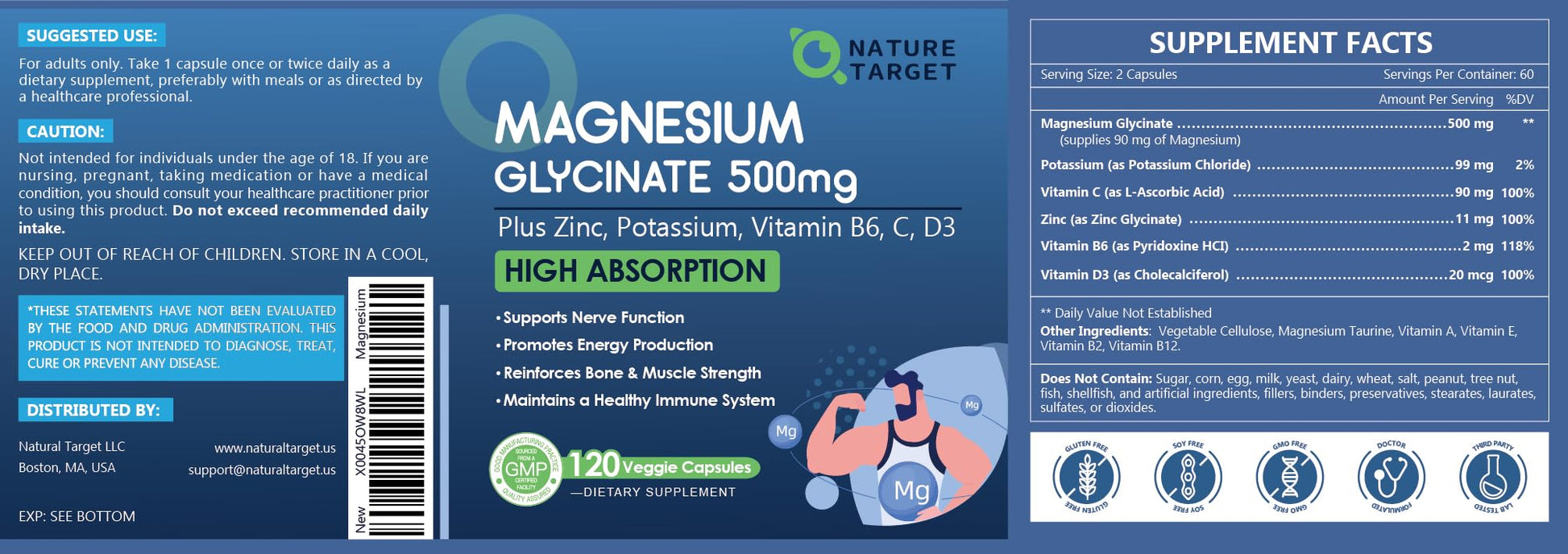 NATURE TARGET Magnesium Glycinate 500mg, Chelated Magnesium with Zinc & Vitamin D3 for Muscle, Nerve & Bone, Support Heart Health & Leg Cramp, Strength Immune System - 120 Capsules - Medaid International