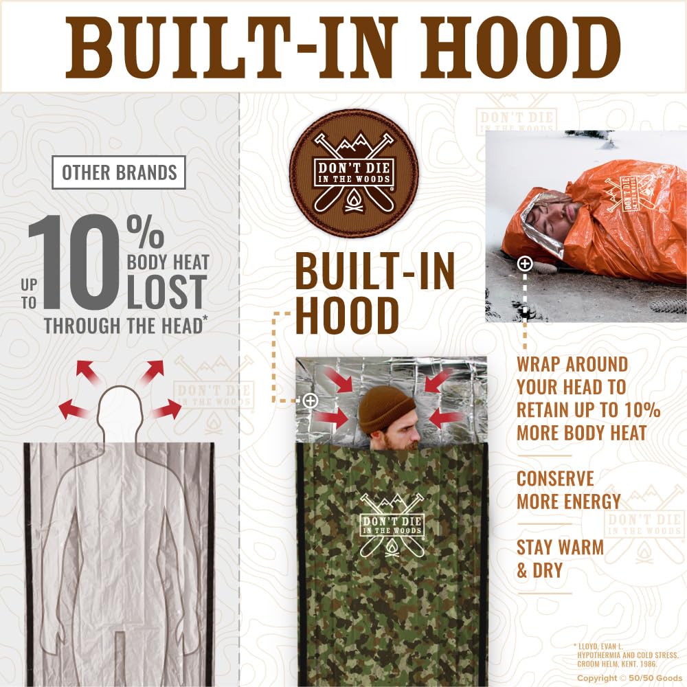 Don’t Die in The Woods - Emergency Sleeping Bag with Hood - Made with Extra Thick Thermal Mylar - Hiking Camping Blanket Survival Gear Essentials Tactical Car Disaster First Aid Kit (Camo)