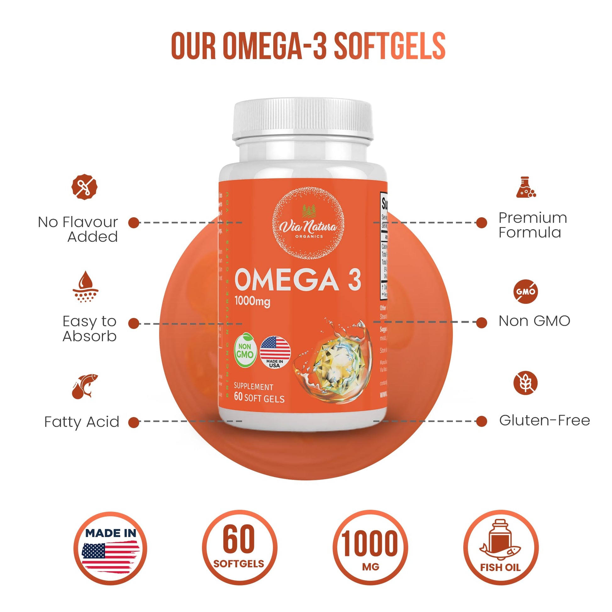 Via Natura Organics Omega 3 | 1000mg | Fish Oil | Fatty acids | EPA & DHA | Non-GMO | 60 Softgels - Medaid International