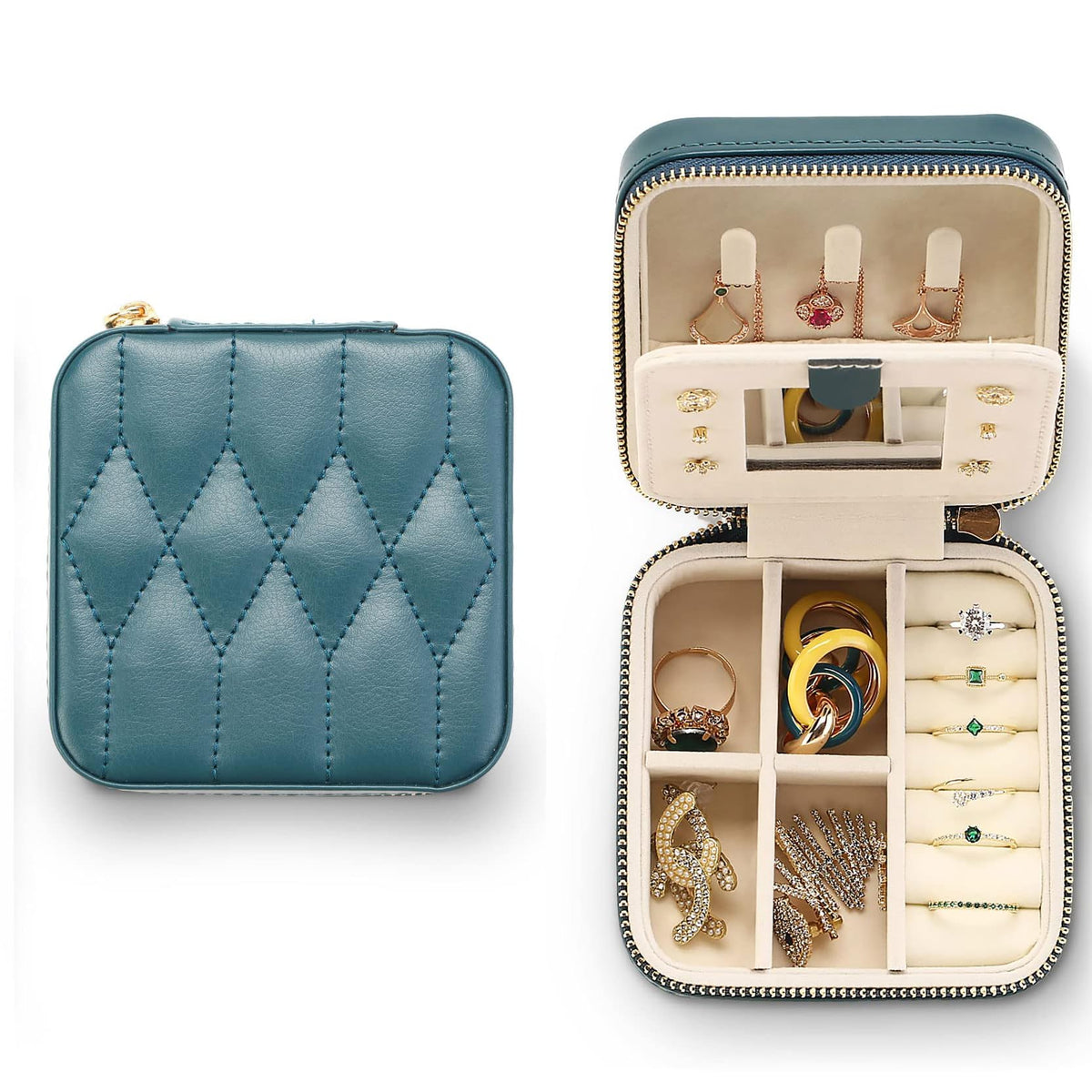 TERRIFI Small Travel Jewelry Box Organizer, Travel Jewelry Case with Mirror, for Rings, Earrings, Pendants, Watches, Necklaces, Lipsticks Organizer Storage Holder Case (Deep Green)