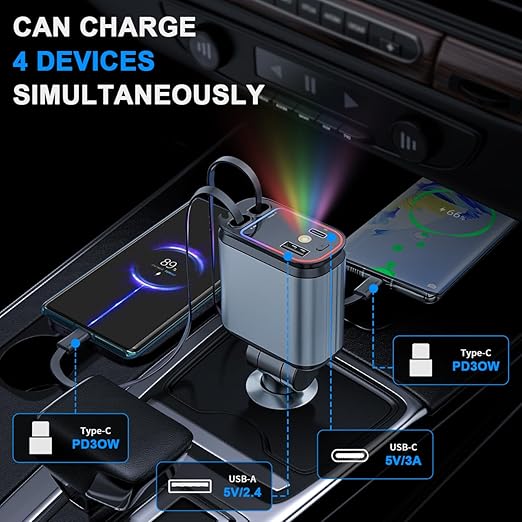 4-in-1 Retractable Car Charger with Star Light Cables – Fast Charging for iPhone, Galaxy & USB-C Devices