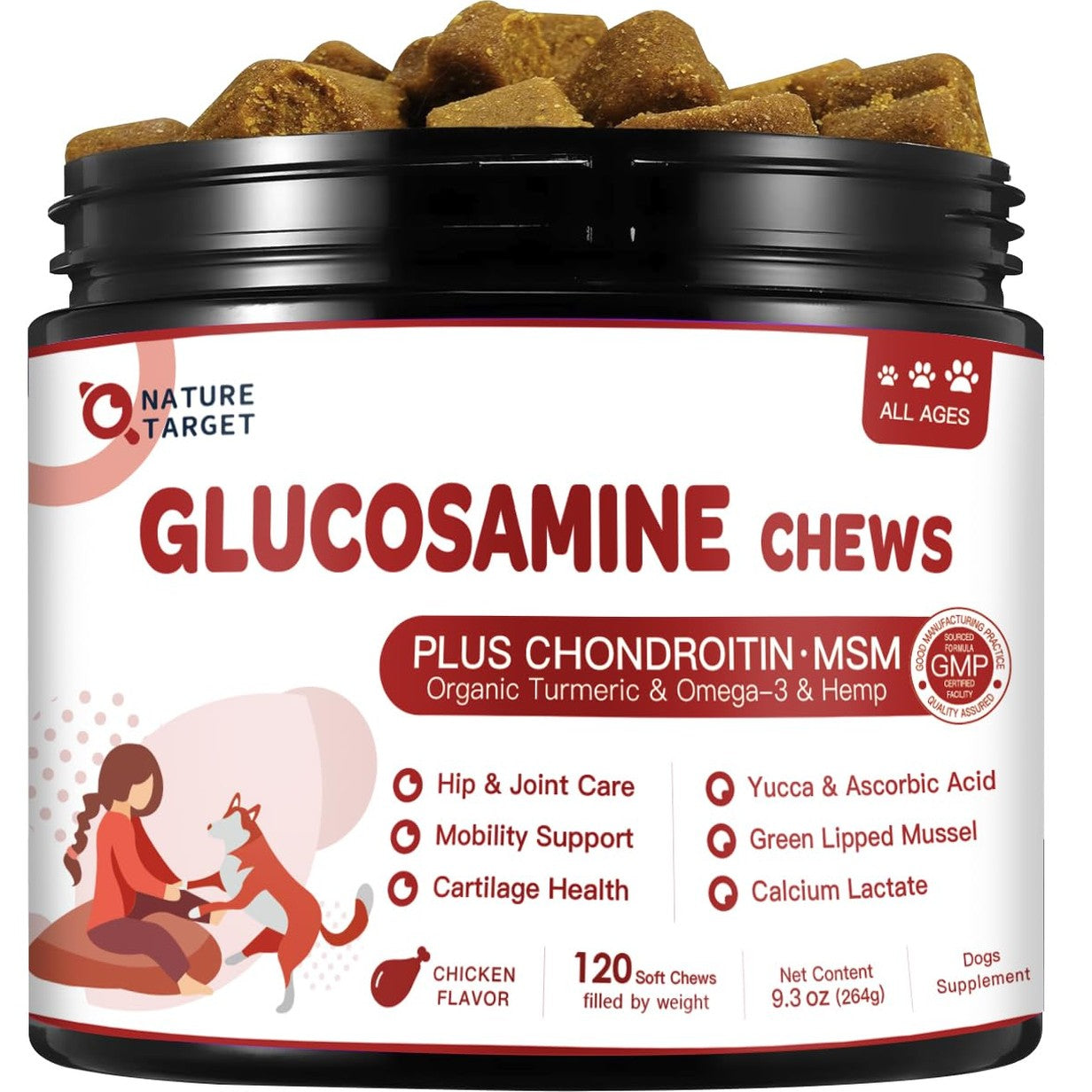 NATURE TARGET Glucosamine for Dogs, Joint Supplement with Chondroitin, MSM, Omega-3, Hemp for Pain Relief, Hip & Joint Chews for Dogs with Calcium for Bone Health, 120 Soft Chews