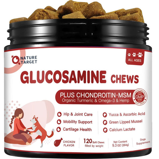 NATURE TARGET Glucosamine for Dogs, Joint Supplement with Chondroitin, MSM, Omega-3, Hemp for Pain Relief, Hip & Joint Chews for Dogs with Calcium for Bone Health, 120 Soft Chews