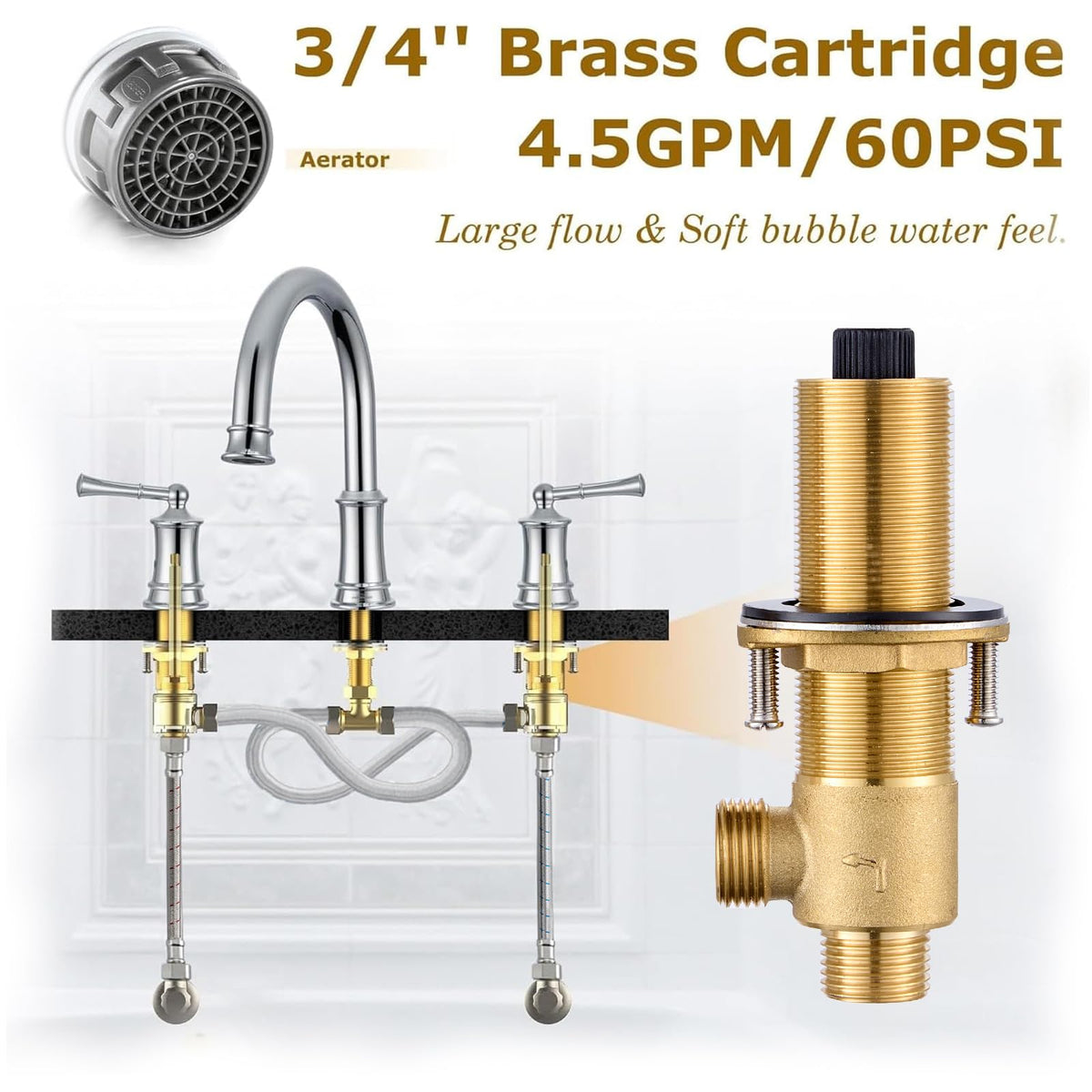 Bathtub Faucet, Deck Mount Antique Tub Faucet 2 Lever Handles, Widespread 3 Holes Brass Rough-in Tub Faucet, 360° Swivel Spout, High Flow Faucet for Bathroom, Chrome(B2307-CP)