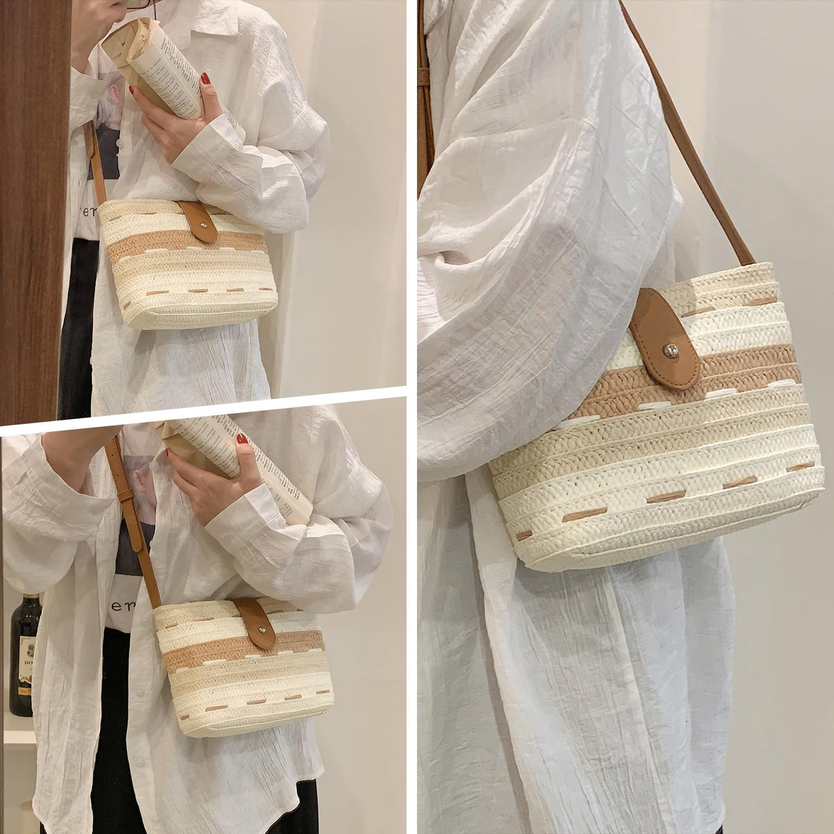 TERRIFI Straw Crossbody Bags for Women, Summer Straw Purse and Handbags, Hand-woven PomPom Straw Crossbody Bag Summer Beach Envelope Purse Wallet