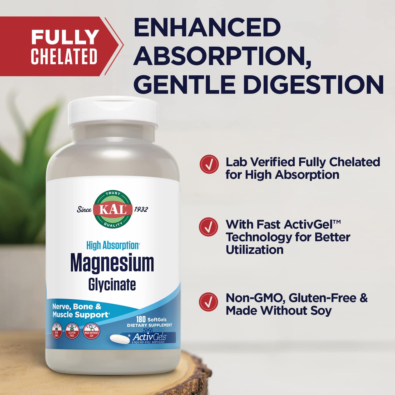 KAL Magnesium Glycinate ActivGels 315mg, Fully Chelated, High Absorption Magnesium Supplement for Relaxation, Muscle & Bone Support, Non-GMO, Gluten Free, 60 Servings, 180 Softgels - Medaid International