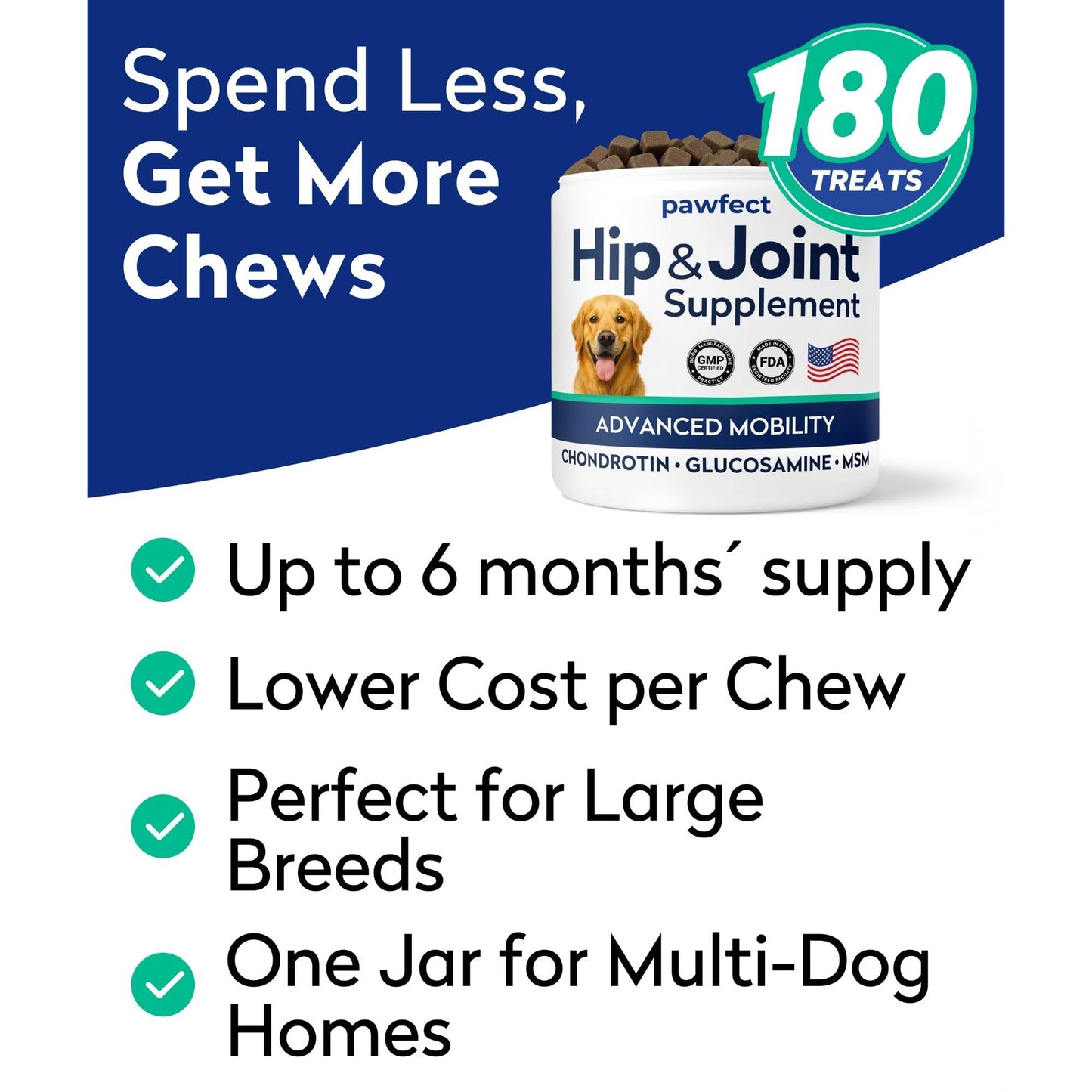 PAWFECTCHEW Glucosamine Dog Treats for Picky Eaters - Joint Supplement w/Chondroitin, MSM, Omega-3 - Joint Pain Relief - Advanced Formula - Chicken Flavor - 180 Ct - Made in USA