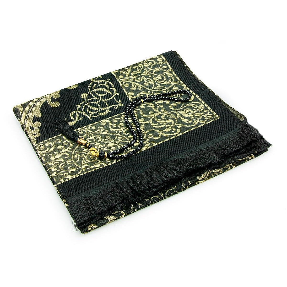 ihvan Online Muslim Prayer Rug and Beads with Portable Elegant Fabric Bag, Janamaz, Sajadah, Soft Islamic Prayers Rug, Islamic Gifts for Eid Ramadan, Travel Prayer Carpet Mat, Taffeta Fabric, Black - Medaid International