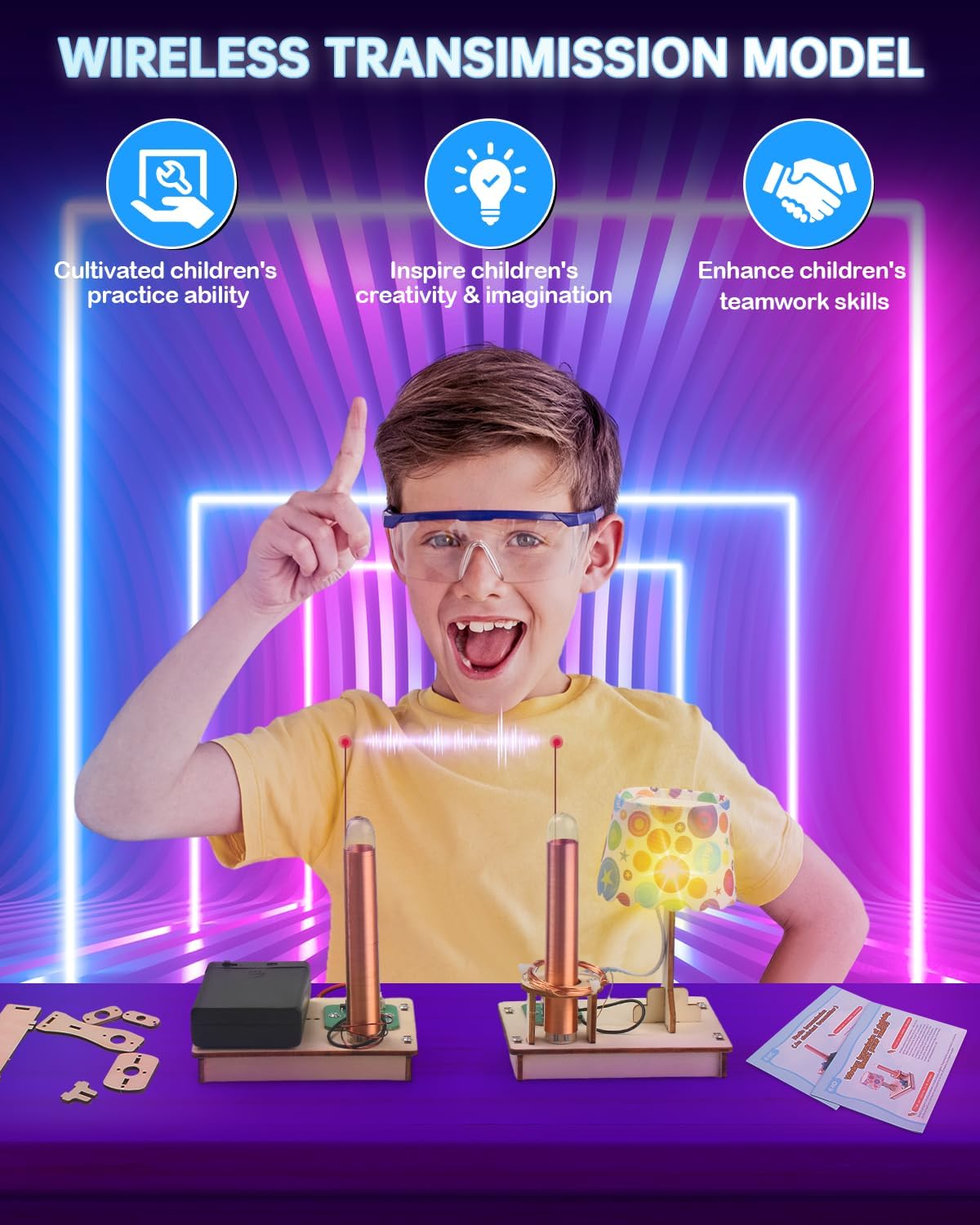 KASTWAVE Science Experiment Kits for Kids, 2 in 1 Wooden STEM Kits for Learn Wireless Transmission of Electricity, DIY Educational Science Building Sets Crafts for Boys and Girls 8-13 Year Old