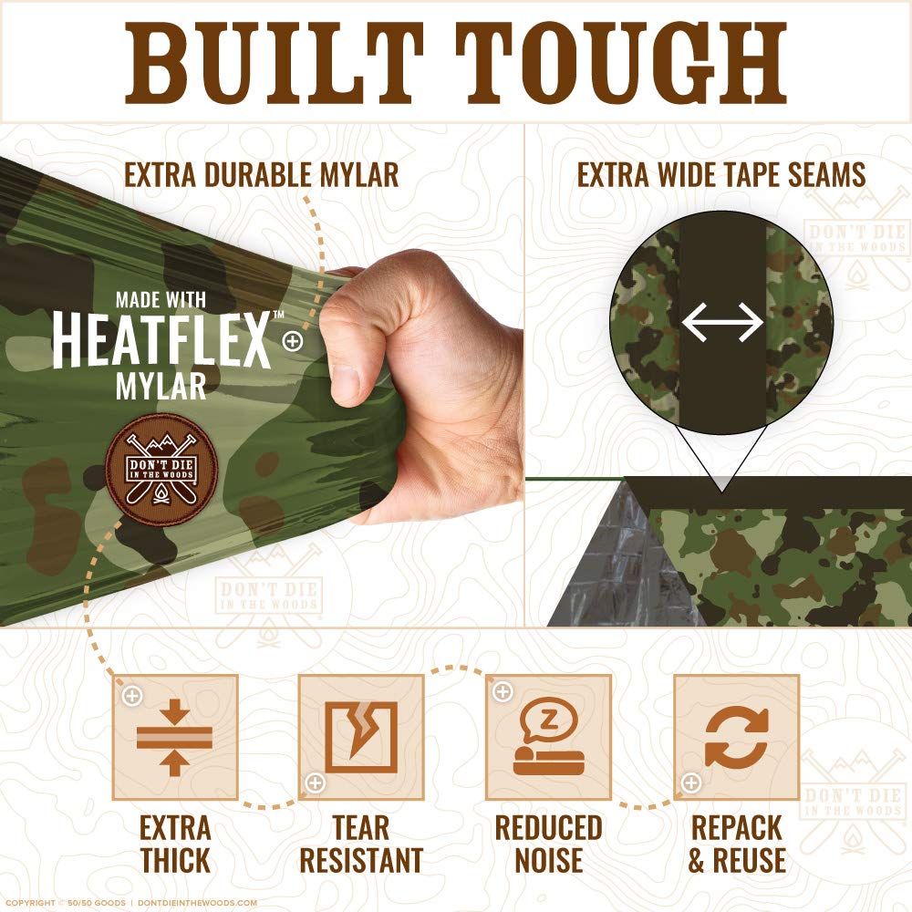 Don't Die In The Woods - Survival Tent - Made with Extra-Thick Space Blanket Thermal Mylar - Emergency Shelter Tube Tent - One of The 10 Essentials for Hiking, Camping, First Aid Kits (Camo)