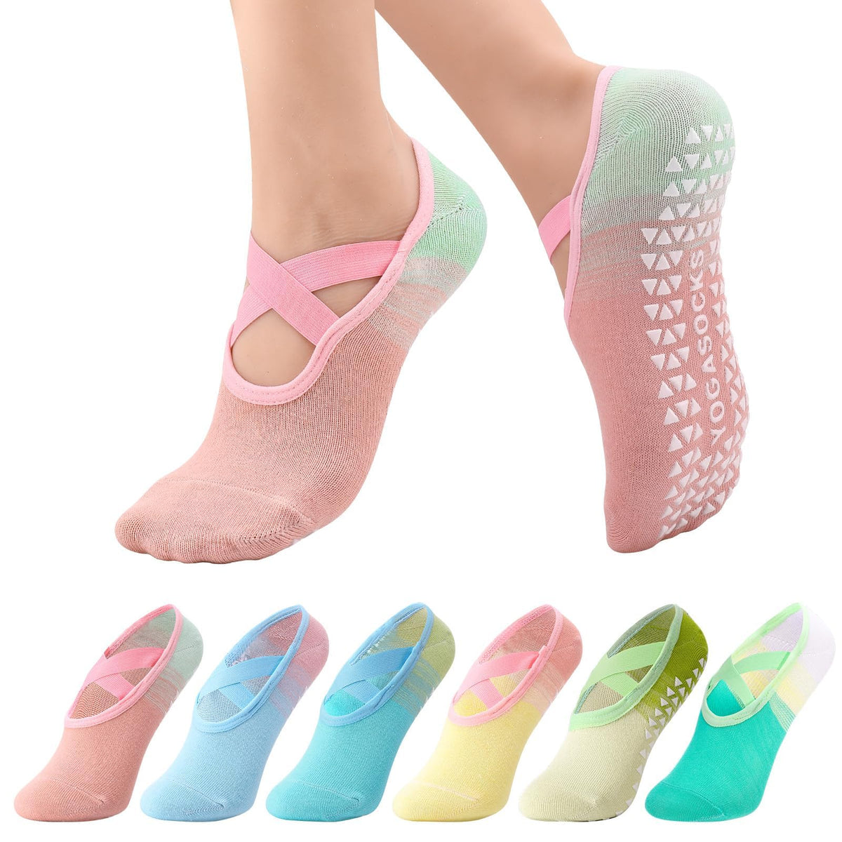 Non-Slip Yoga Socks for Women, Grip Socks with Straps, Pilates Barre Dance Workout Sock, Colorful Ballet Fitness Footwear, 6-Pack