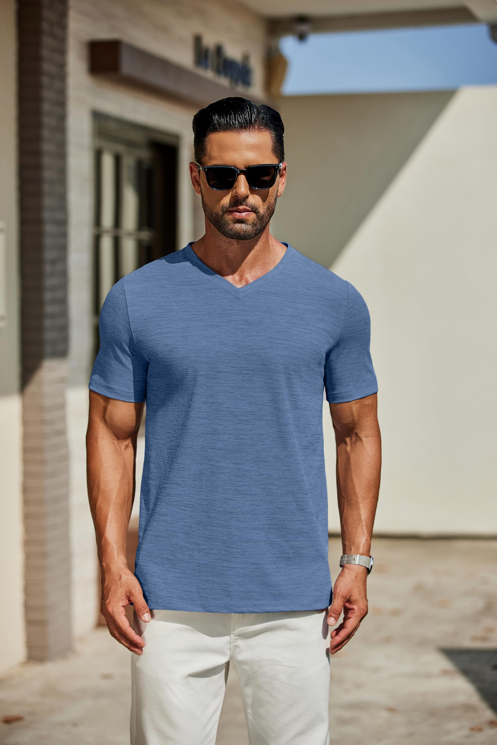 COOFANDY Men's T Shirts Short Sleeve Classic V Neck T-Shirt Casual Summer Basic Tee Shirt Dark Blue - Medaid International