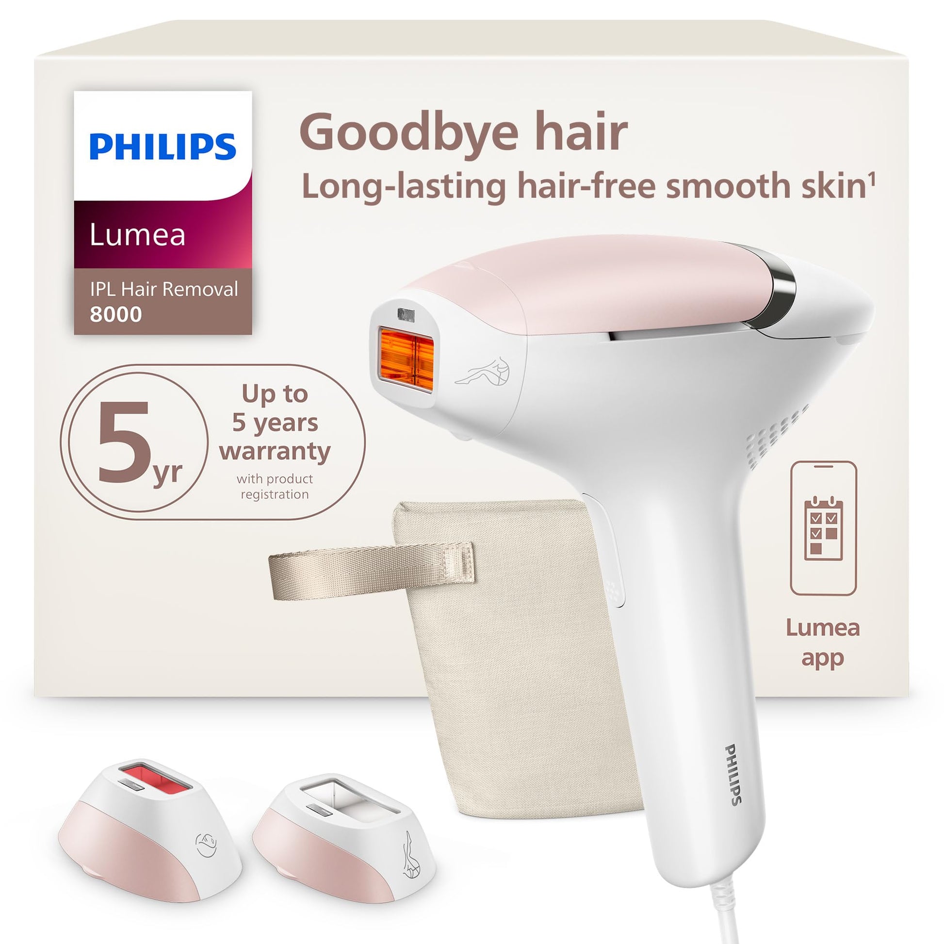 Philips Lumea 8000 Series IPL Hair Removal Device - Permanent Visible Hair Reduction Done at Home, SenseIQ Technology, 2 Attachments for Body & Face, for Women & Men, BRI932/03 - Medaid International