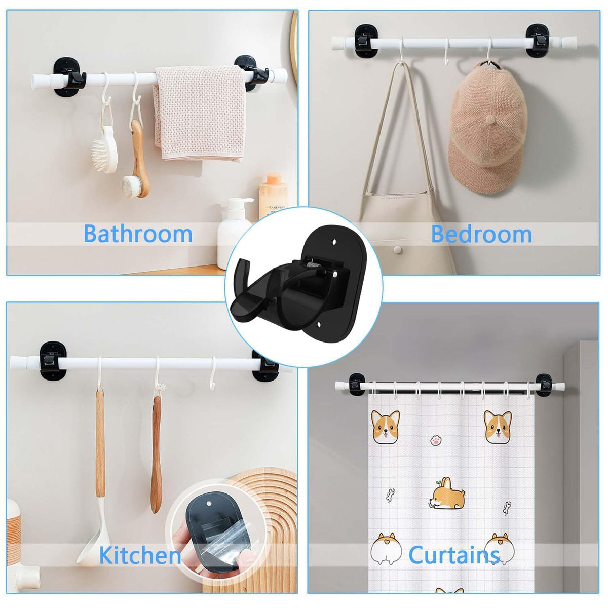 Terrifi Self Adhesive Curtain Rod Brackets, 4 Pcs Universal Plastic Holders, No Drill Hooks, For Bathroom, Bedroom, Livingroom, Kitchen (Black)