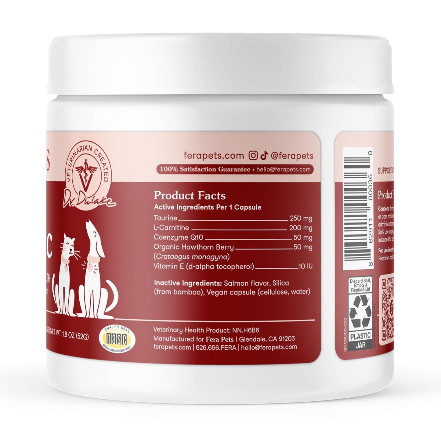 Fera Pets Cardiac Support - Cat & Dog Heart Supplement with Taurine, L-Carnitine, & CoQ10 - Promotes Normal Circulation and Heartbeat - 60 Capsules