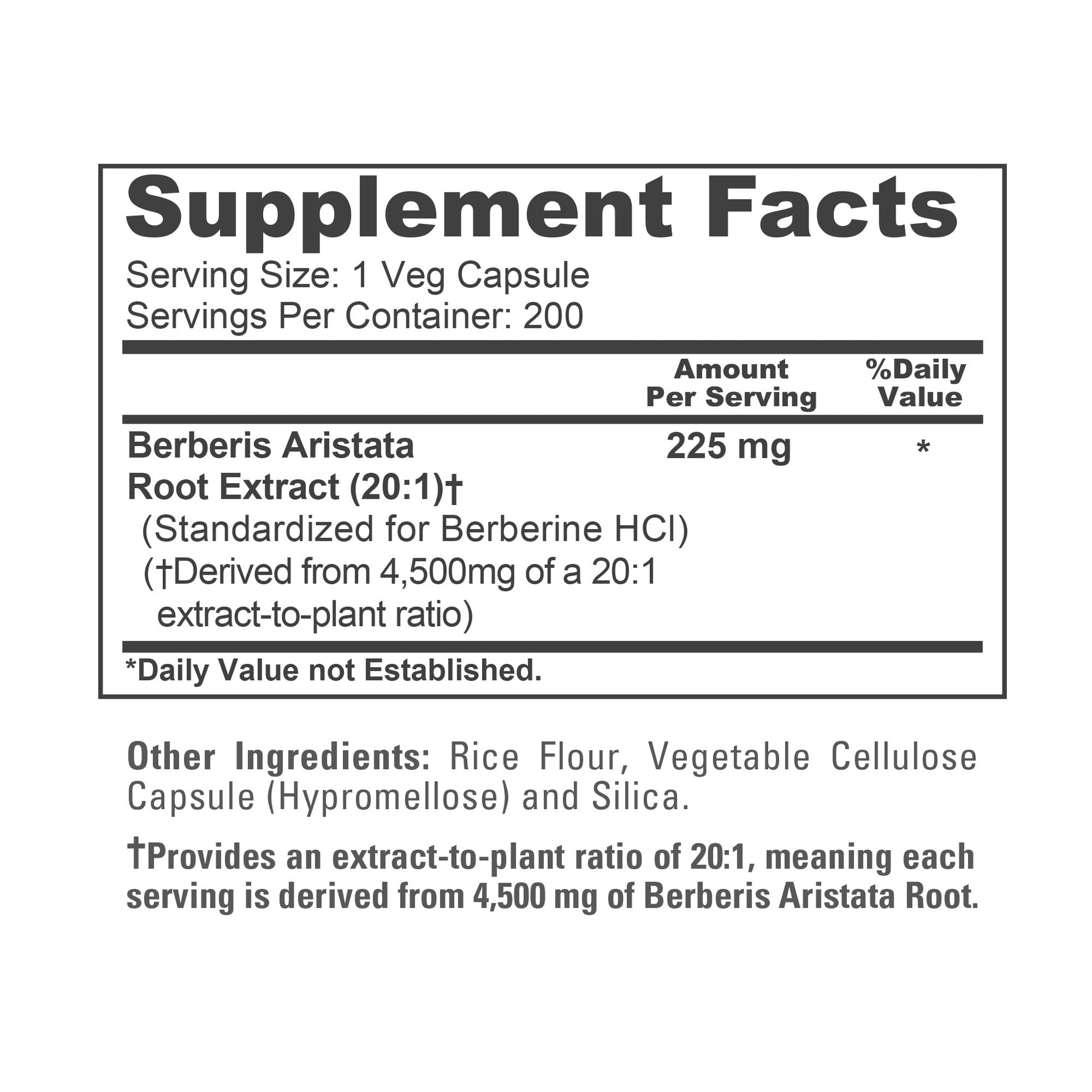 NusaPure Berberine HCI 20:1 Extract, 225 mg Equivalent to 4,500mg - 200 Veggie Caps - (Vegetarian, Non-GMO, Vegan) - Medaid International