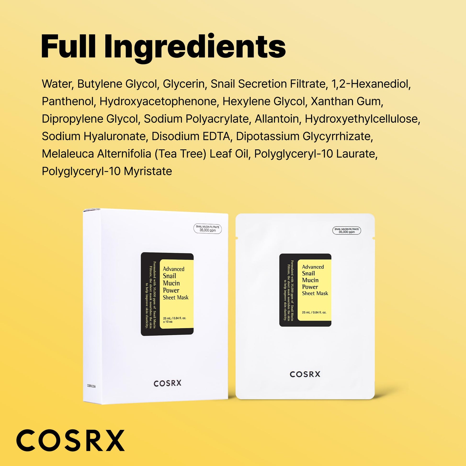 COSRX Snail Mucin Sheet Mask 10 EA with Snail Mucin Serum, Self Care, Face Masks for Dry, Sensitive Skin, Not Tested on Animals, No Parabens, No Sulfates, Korean Skin Care, Stocking Stuffers - Medaid International