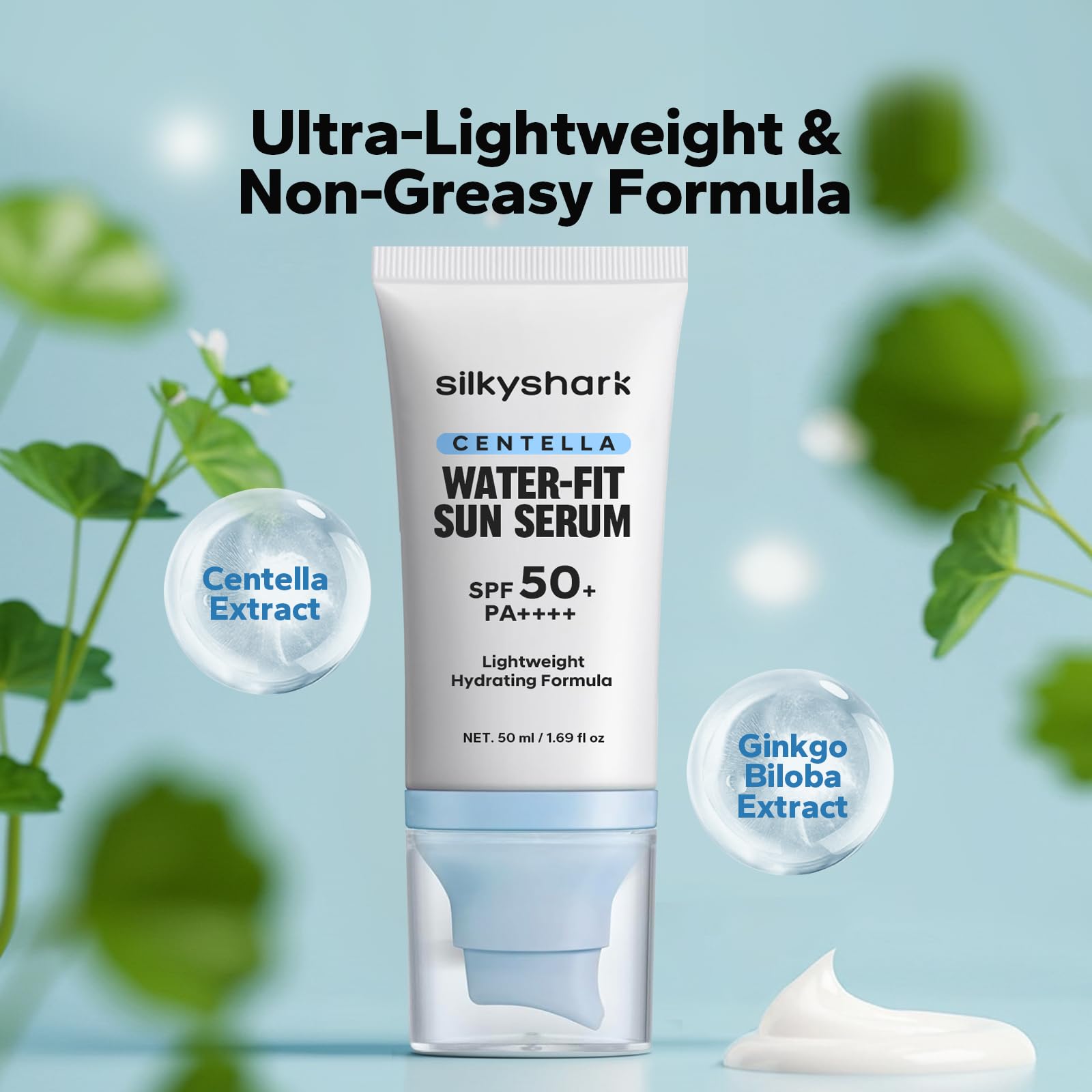 SilkyShark Centella Sunscreen SPF 50+ PA++++, Centella Asiatica Serum Sunscreen, Oil-Free, Non-Greasy, Long-Lasting UVA/UVB Protection, for Sensitive & Acne-Prone Skin, 1.69 Fl Oz - Medaid International