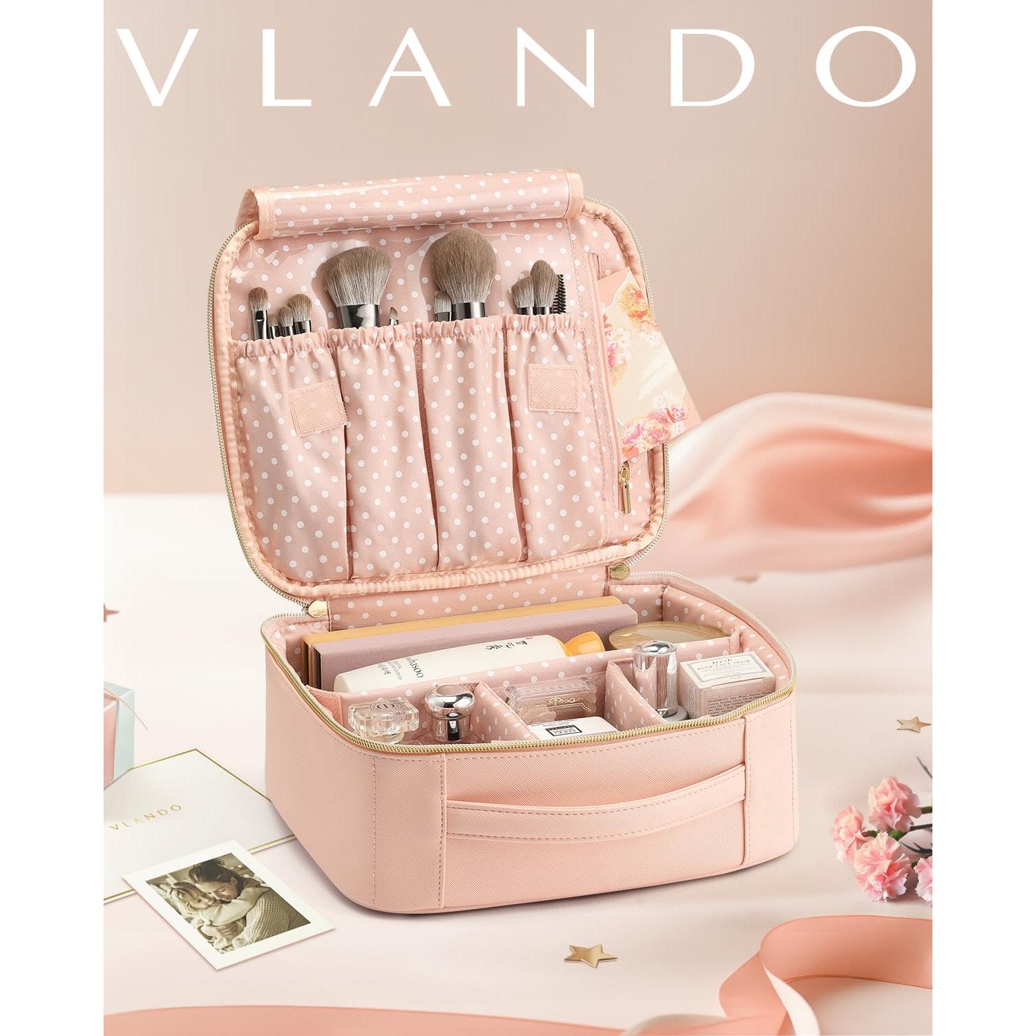 Vlando Travel Makeup Bag, Large Capacity Cosmetic Bag for Women PU Leather Makeup Case Organizer Portable Make up Bag with Dividers and Handle for Girls,Wedding,Makeup Brushes Pink - Medaid International