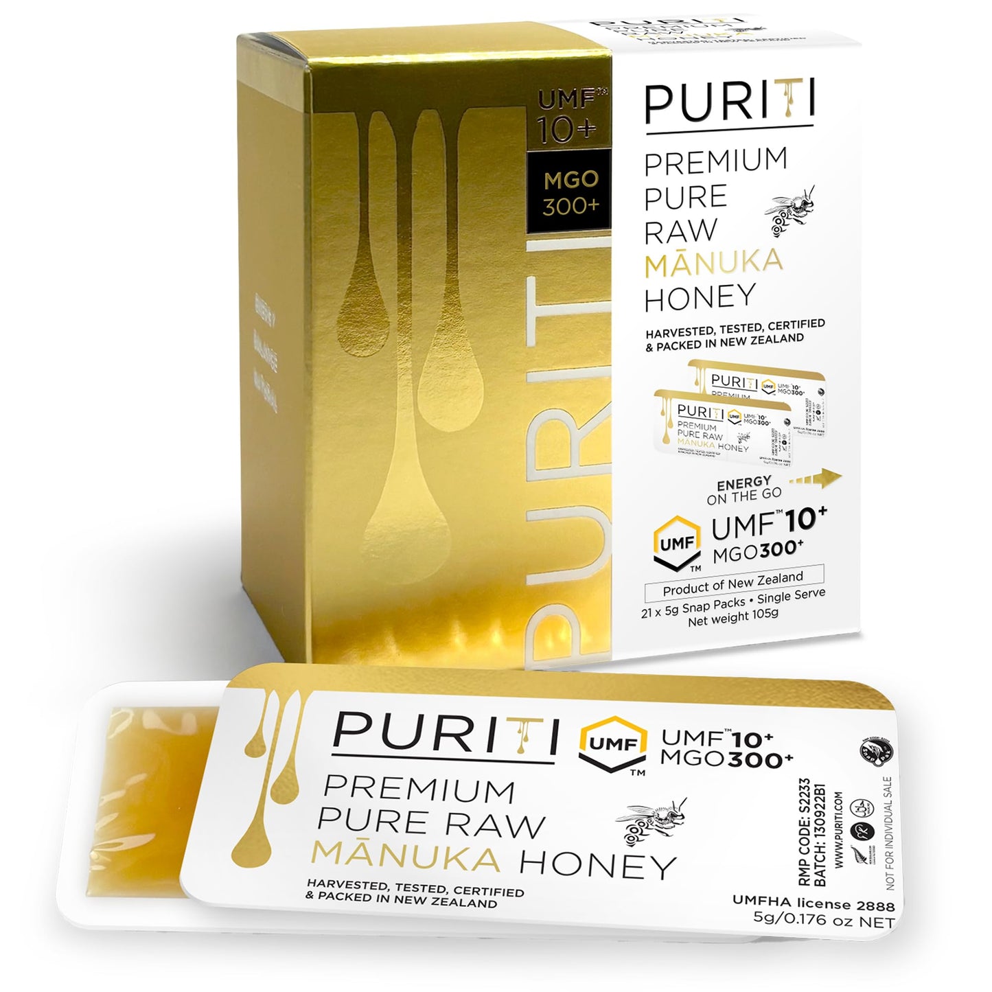 PURITI Genuine Raw Manuka Honey Snaps On The Go - UMF 10+ (MGO300+) 21 x 0.18oz Individual Snap Packets, Single Serve Honey Sticks for Tea, Travel & Snacks, Certified, Authentic Made in New Zealand - Medaid International