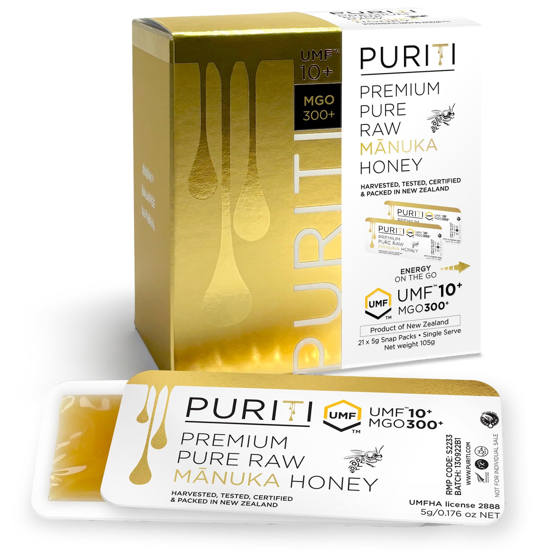 PURITI Genuine Raw Manuka Honey Snaps On The Go - UMF 10+ (MGO300+) 21 x 0.18oz Individual Snap Packets, Single Serve Honey Sticks for Tea, Travel & Snacks, Certified, Authentic Made in New Zealand - Medaid International