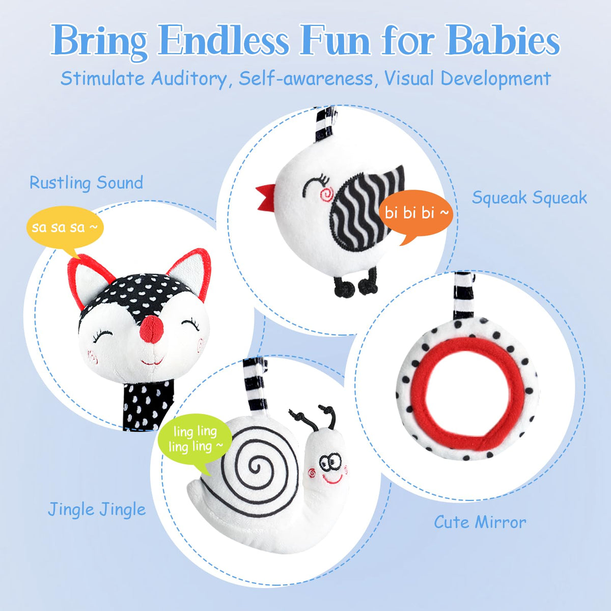 KASTWAVE Infant Car Seat and Stroller Toys - Black and White High Contrast Fox Spiral Activity Plush with Hanging Rattles, Ideal Visual Development Toy for Newborns and Babies, Gift for Girls and Boys