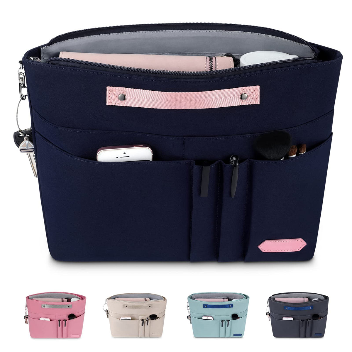 TERRIFI Purse Organizer Insert for Handbags,Tote Bag Organizer Insert Zipper Bag for Women, Handbag Organizer Inside Liner with 15 Pockets(Blue, M)
