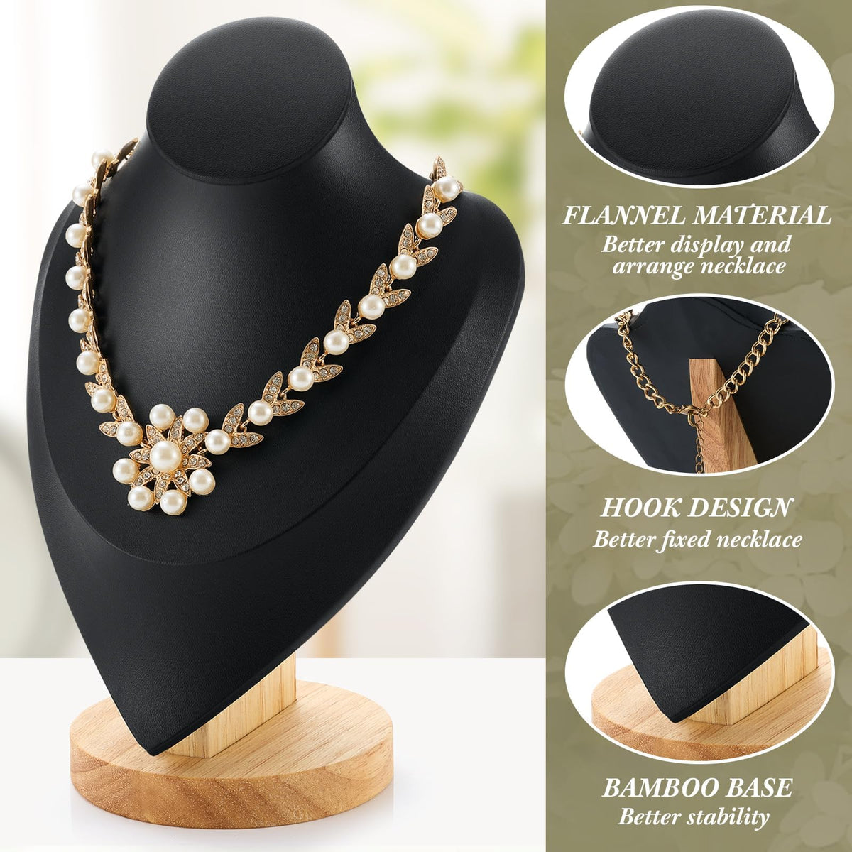 KASTWAVE 2 Pack Black Bamboo Necklace Bust Display Stand (9.2×6.1 Inch), Jewelry Display for Necklaces/Pendants/Earrings | Home Organizer & Retail Vendor Stand for Trade Shows & Boutiques