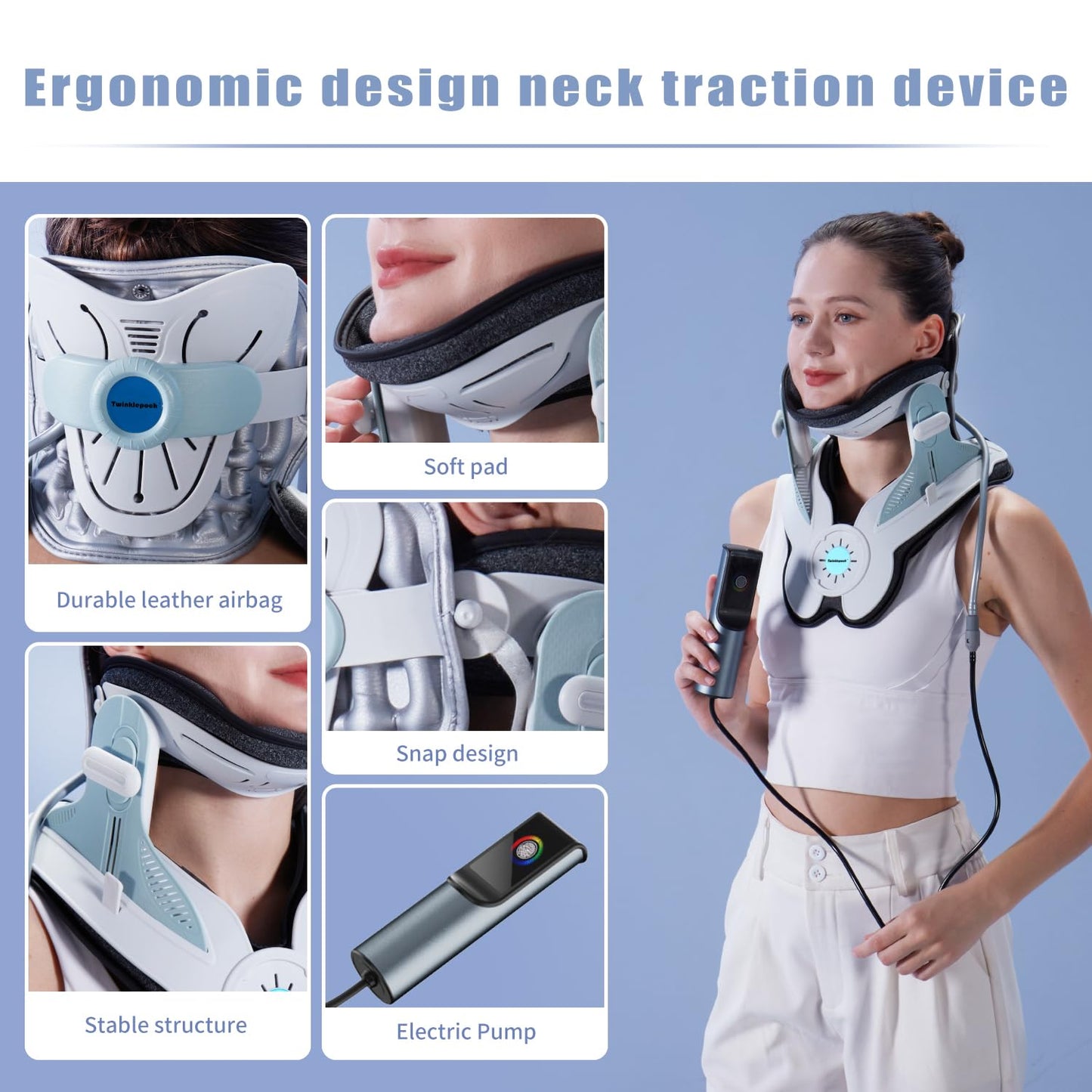 Twinklepoch Cervical Neck Traction Device, Electric Air Pump Cervical Traction Device with 3 Power Traction and 8 Built-in Airbag Support, Neck Pain Relief and Relaxation - Medaid International