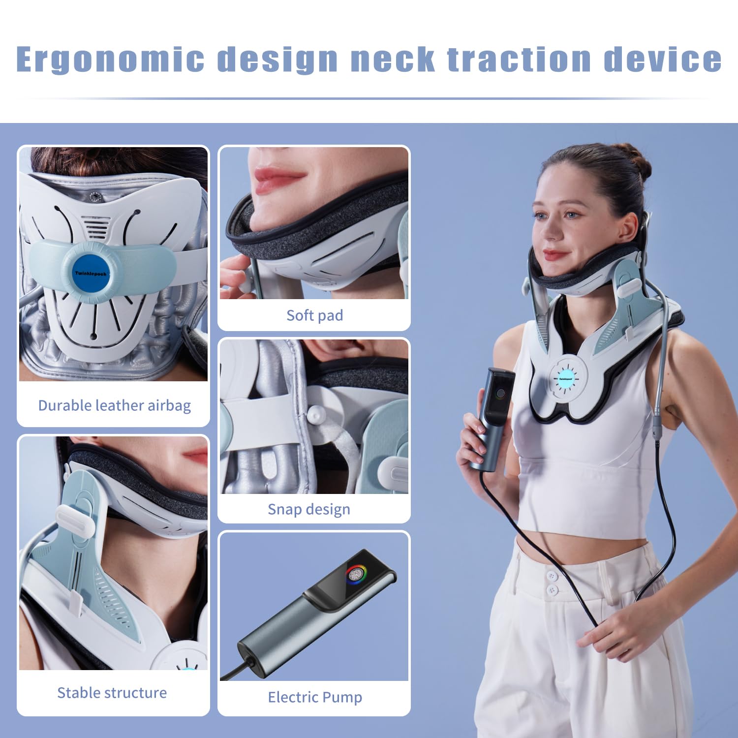 Twinklepoch Cervical Neck Traction Device, Electric Air Pump Cervical Traction Device with 3 Power Traction and 8 Built-in Airbag Support, Neck Pain Relief and Relaxation - Medaid International