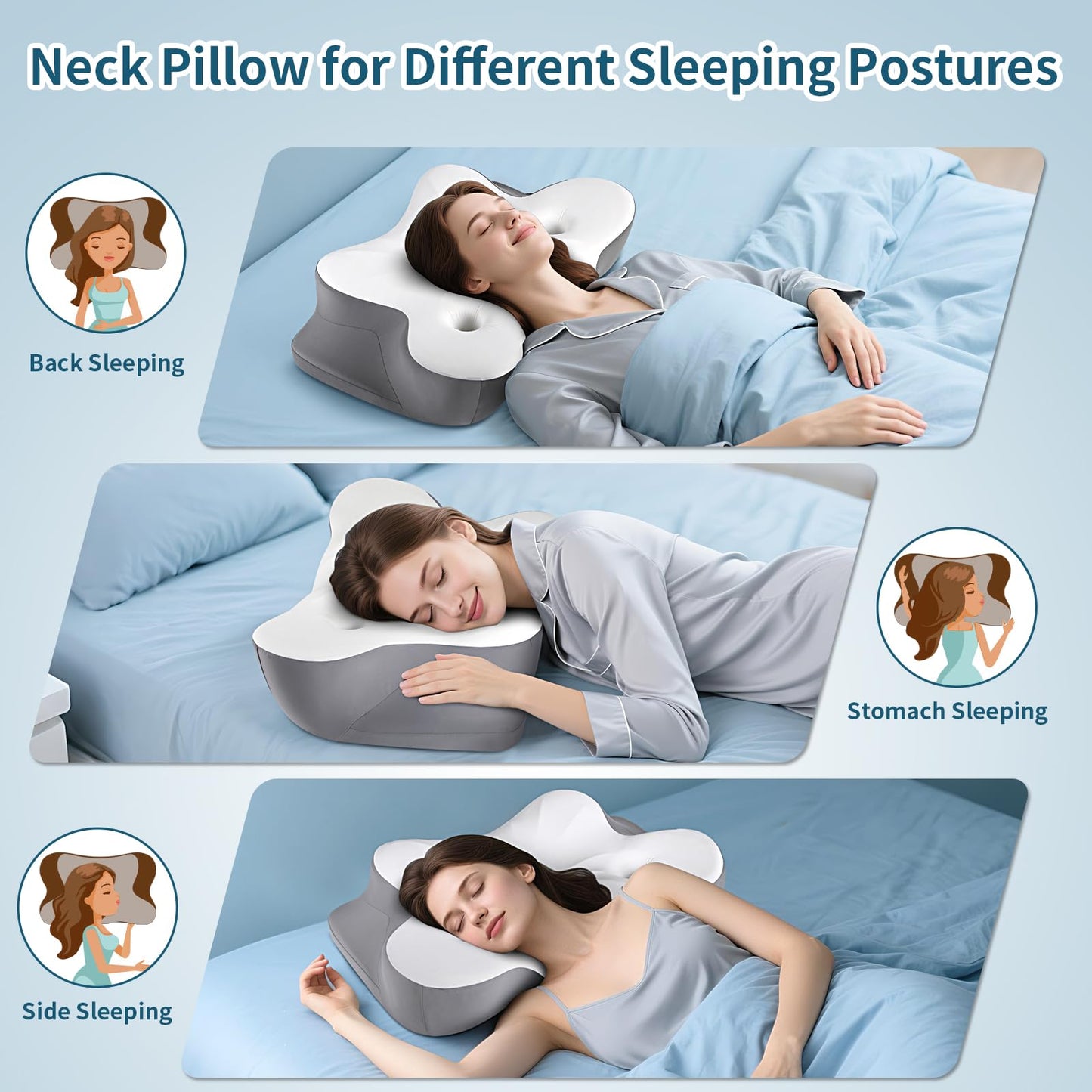 Cervical Neck Pillow for Pain Relief- Ergonomic Memory Foam Pillows for Sleeping, Dual Ear Relief Zone Contour Pillow, Neck Support Pillows for Side Back &Stomach Sleeper (White) - Medaid International