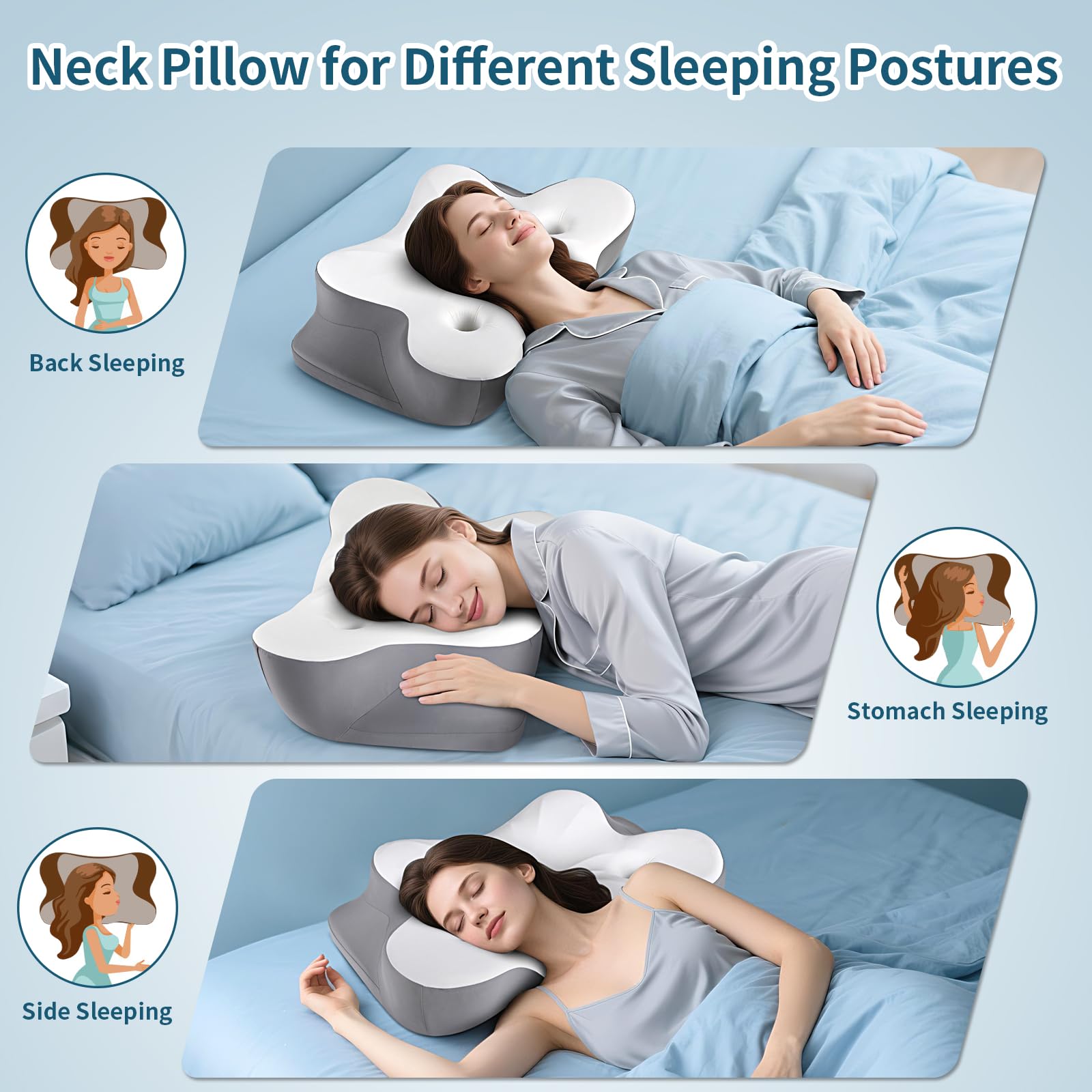 Cervical Neck Pillow for Pain Relief- Ergonomic Memory Foam Pillows for Sleeping, Dual Ear Relief Zone Contour Pillow, Neck Support Pillows for Side Back &Stomach Sleeper (White) - Medaid International