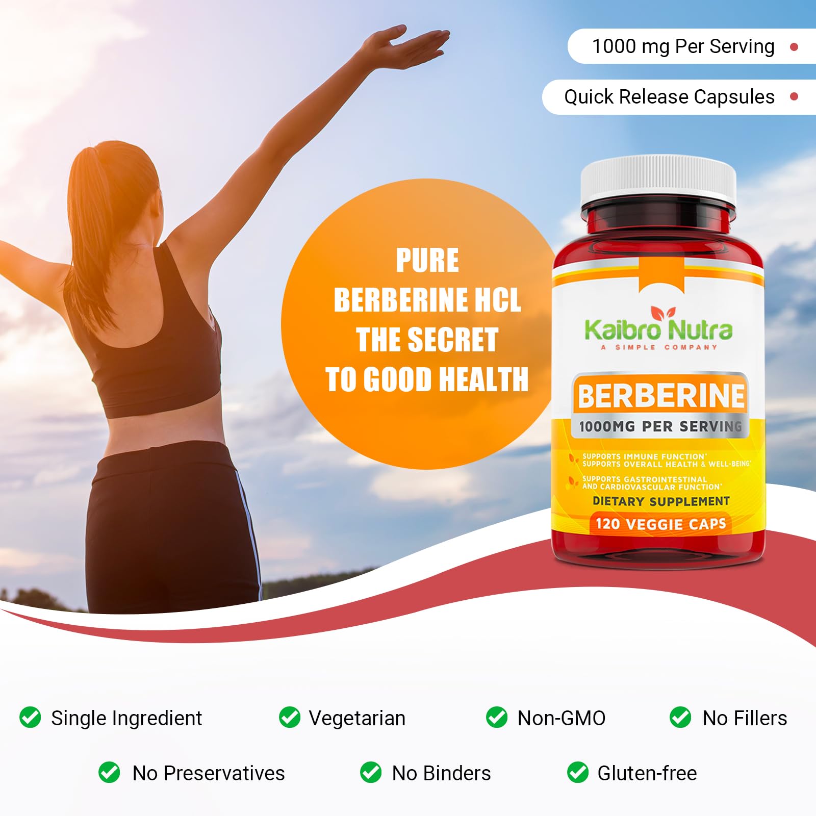 Kaibro Nutra Berberine Supplement 1000mg, Berberine HCL for Immune System, Glucose Support, Circulatory & Gastrointestinal Health, Vegan & Gluten-Free, 120 Capsules - Medaid International