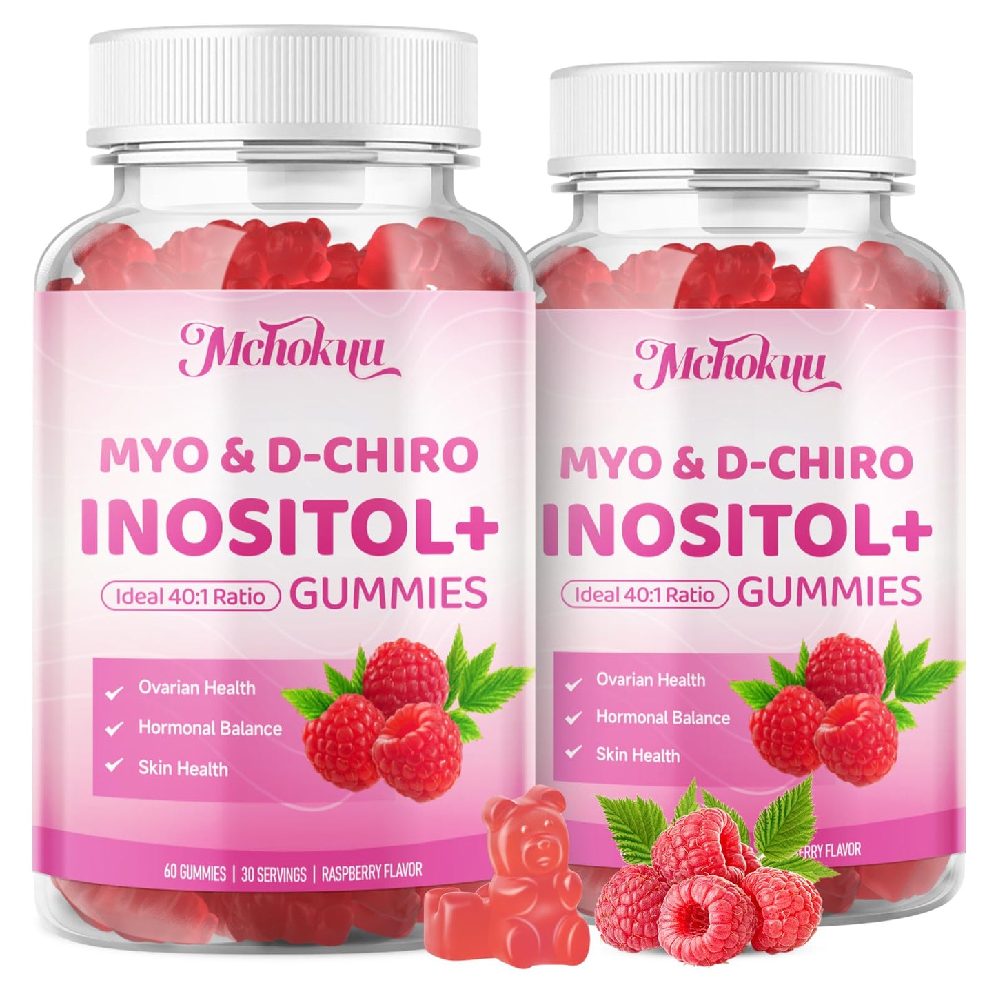 Mchokuu Myo-Inositol & D-Chiro Inositol Gummies, Ideal 40:1 Ratio Supplement for Women 2000mg 50mg with Vitamin D3 B12 for Hormonal Balance & Ovarian Health, Sugar Free, Raspberry Flavor, 60 Count - Medaid International