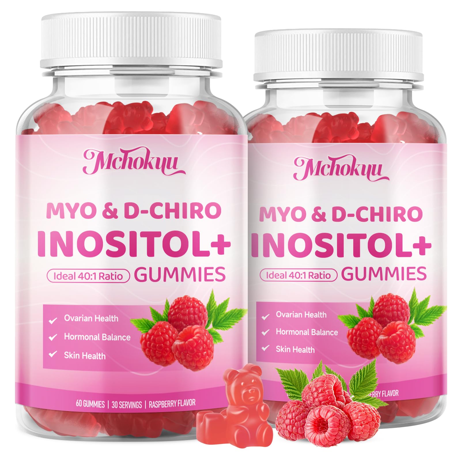 Mchokuu Myo-Inositol & D-Chiro Inositol Gummies, Ideal 40:1 Ratio Supplement for Women 2000mg 50mg with Vitamin D3 B12 for Hormonal Balance & Ovarian Health, Sugar Free, Raspberry Flavor, 60 Count - Medaid International