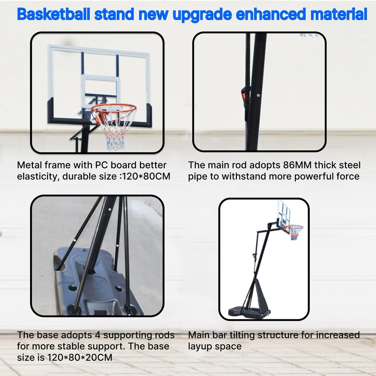 Basketball Hoop 120cm Backboard Portable Basketball Goals Outdoor and Portable Wheels, 2.45-3.05m Stepless Regulation Crank Adjust Basketball Goal System