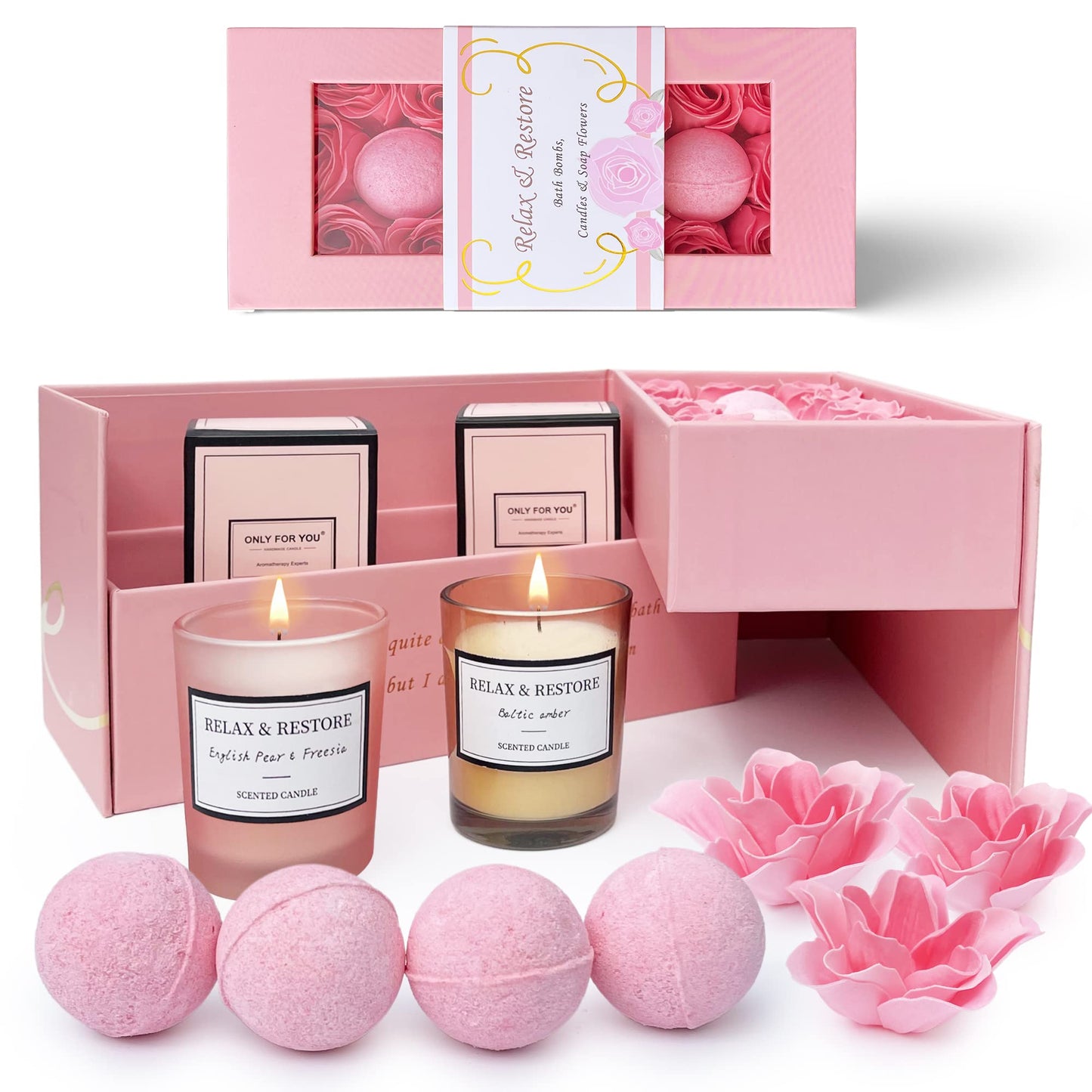 Empire Scented Candles & Bath Bombs Set, Gifts for Women, Birthday Gifts for Her, 20pcs Set Gifts for Her, Birthday Gift for Women with Rose Scented Soap Flowers - Medaid International