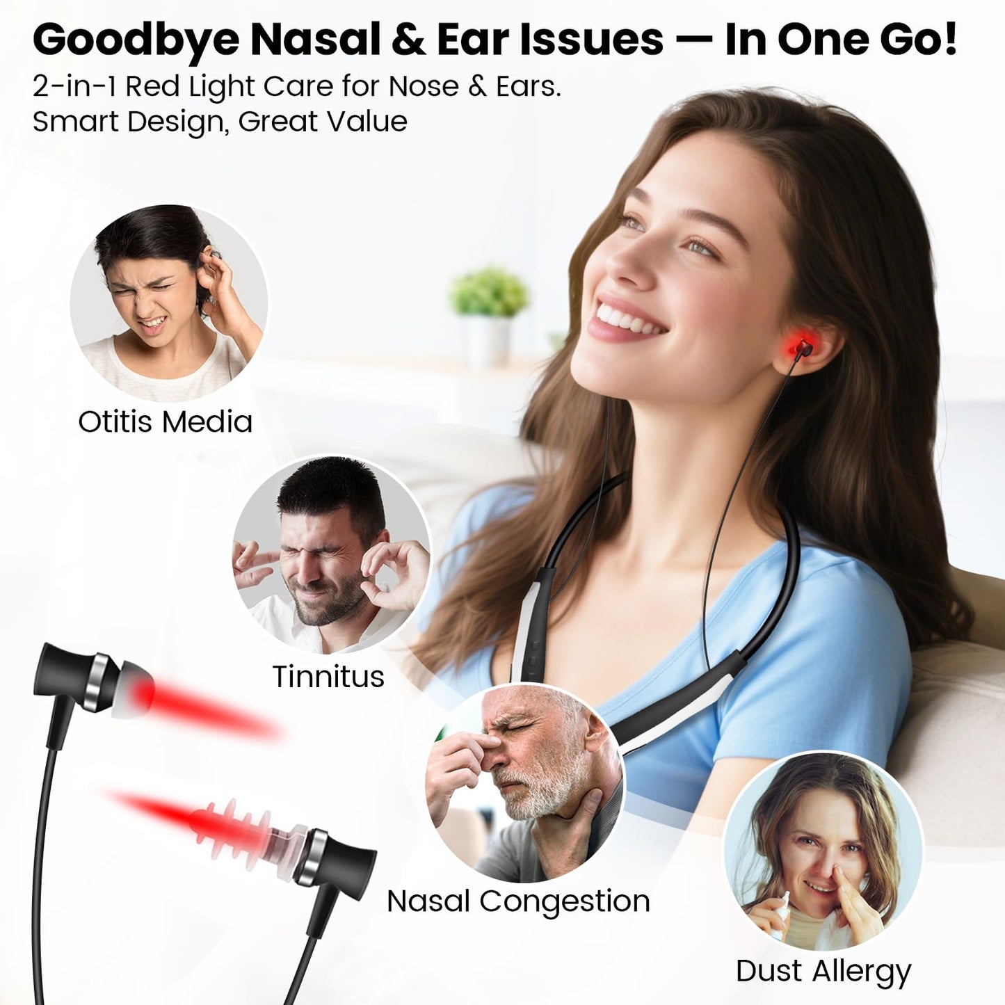 Red Light Therapy for Nose & Ears, 2-in-1 Infrared Nasal Therapy Device, Red Light Therapy for Ear Relief, Portable Light-weight Soothing Device with Neck-Hanging Design, Auto Timer, Rechargeable - Medaid International