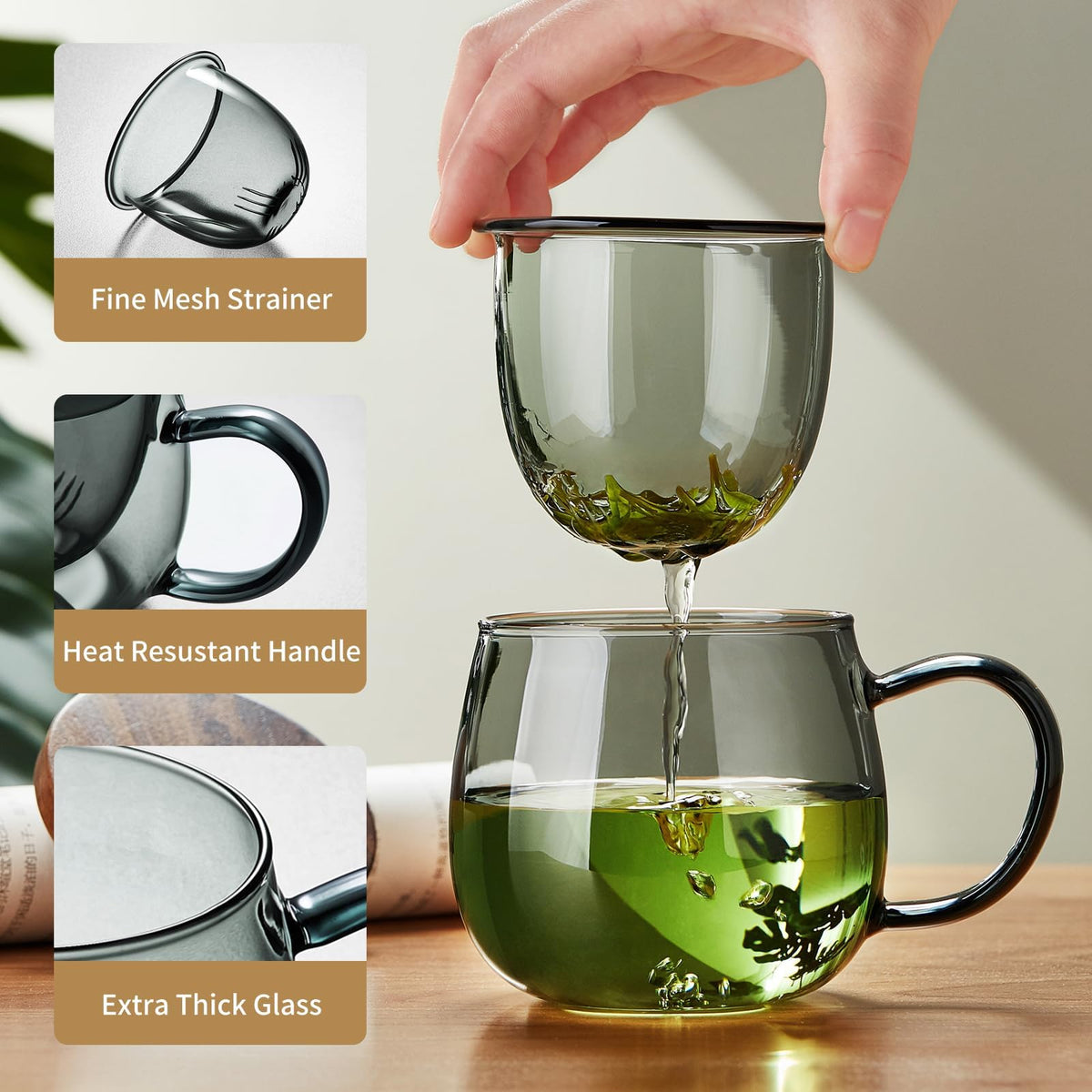 KASTWAVE 17oz (500ml) Borosilicate Glass Tea Cup with Infuser & Lid - Large Clear Mug for Loose Leaf & Blooming Tea, Tea Bags, Tea Bags - Perfect Christmas or Birthday Gift