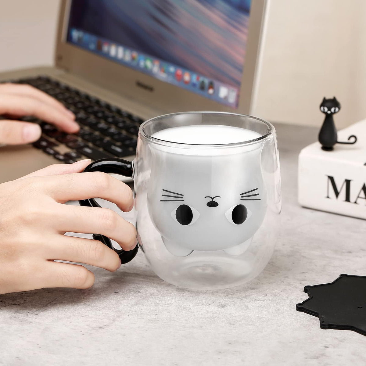 KASTWAVE Black Cat Mug Cute Mug with Handle Double Walled Coffee Mug Kawaii Cat Presents for Women Glass Mugs Tea Cup Cute Birthday Gifts Mug for Cat Lovers Birthday Present Idea