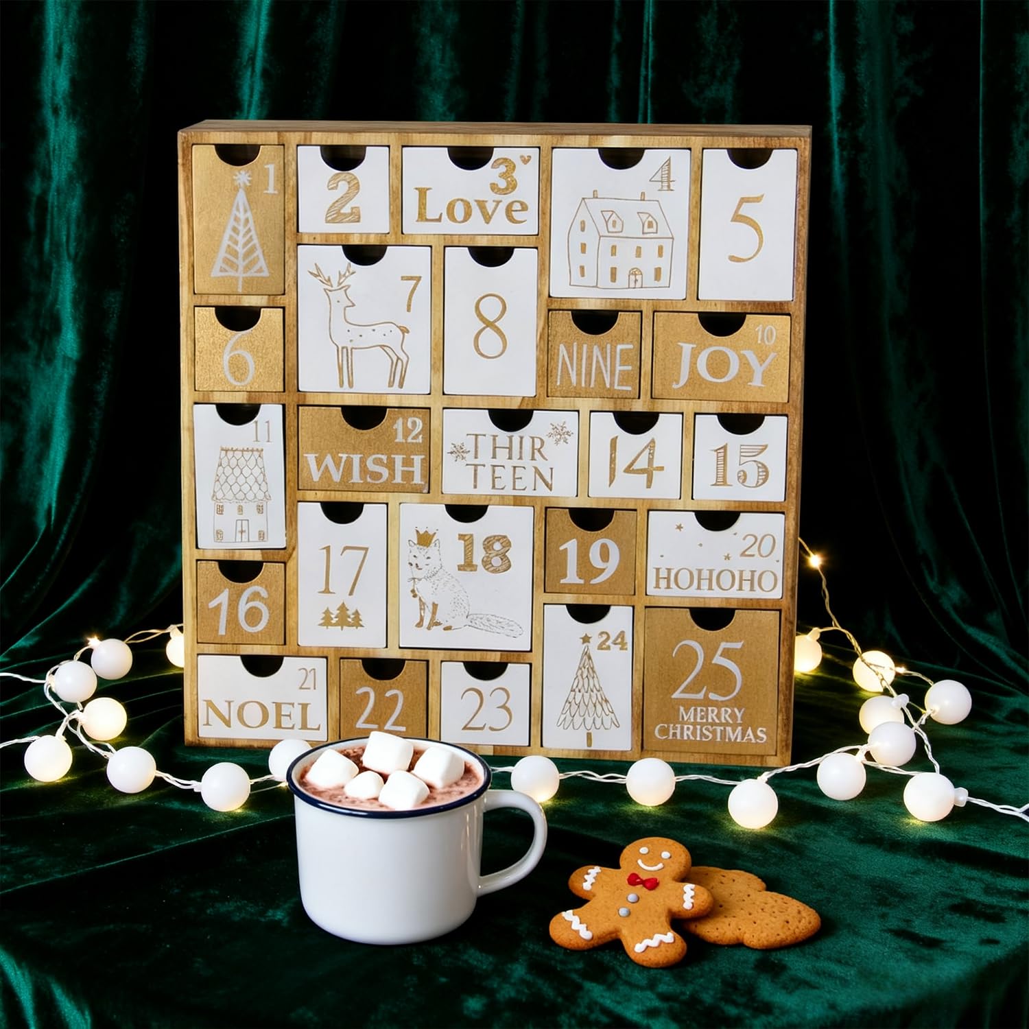 Juegoal Advent Calendar with 25 Drawers Countdown to Christmas, Refillable Wooden Advent Xmas Gift for Kids, 12 Inches Tall - Medaid International